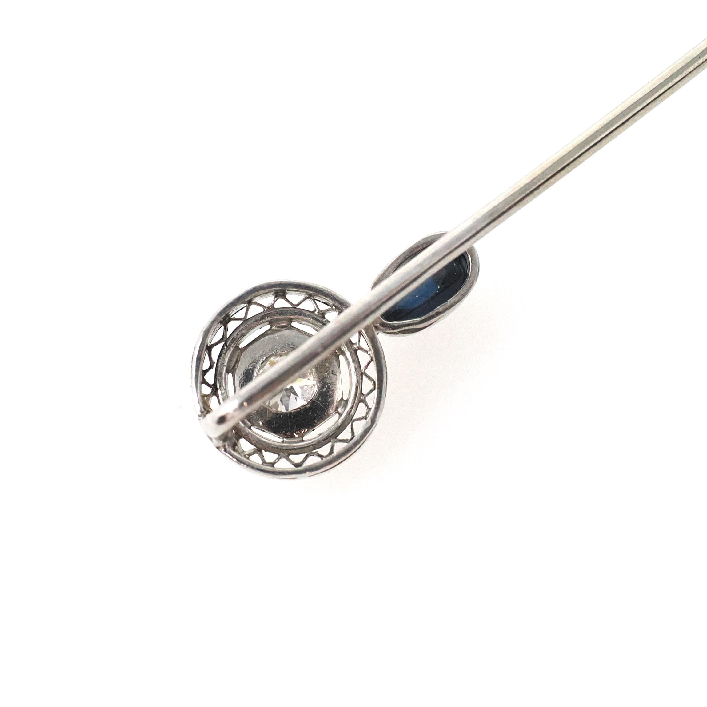 Art Deco Stick Pin - Antique Platinum & 10k White Gold Natural Diamond Blue Sapphire Gemstone - Circa 1920s Filigree Tie Fine Unisex Jewelry
