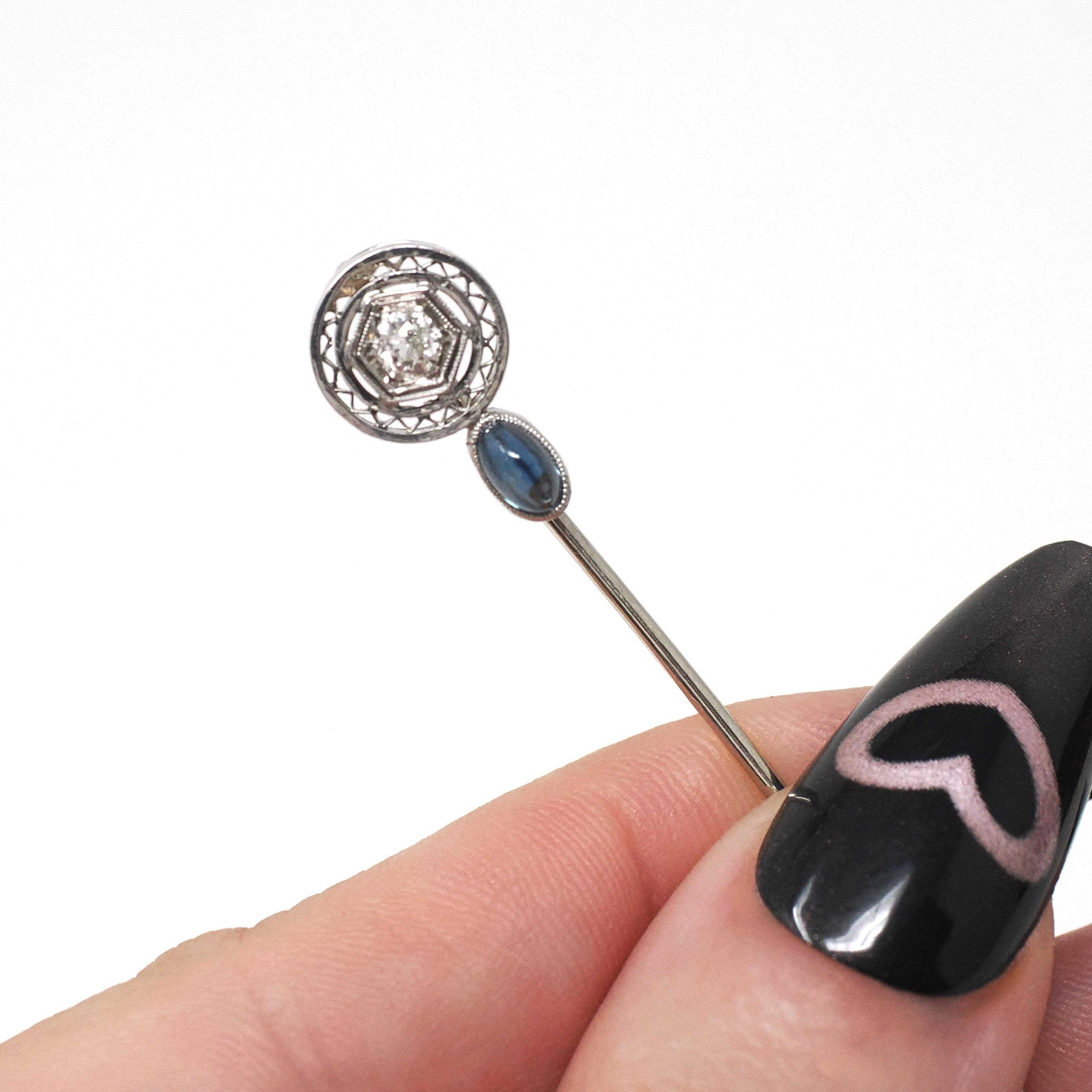 Art Deco Stick Pin - Antique Platinum & 10k White Gold Natural Diamond Blue Sapphire Gemstone - Circa 1920s Filigree Tie Fine Unisex Jewelry