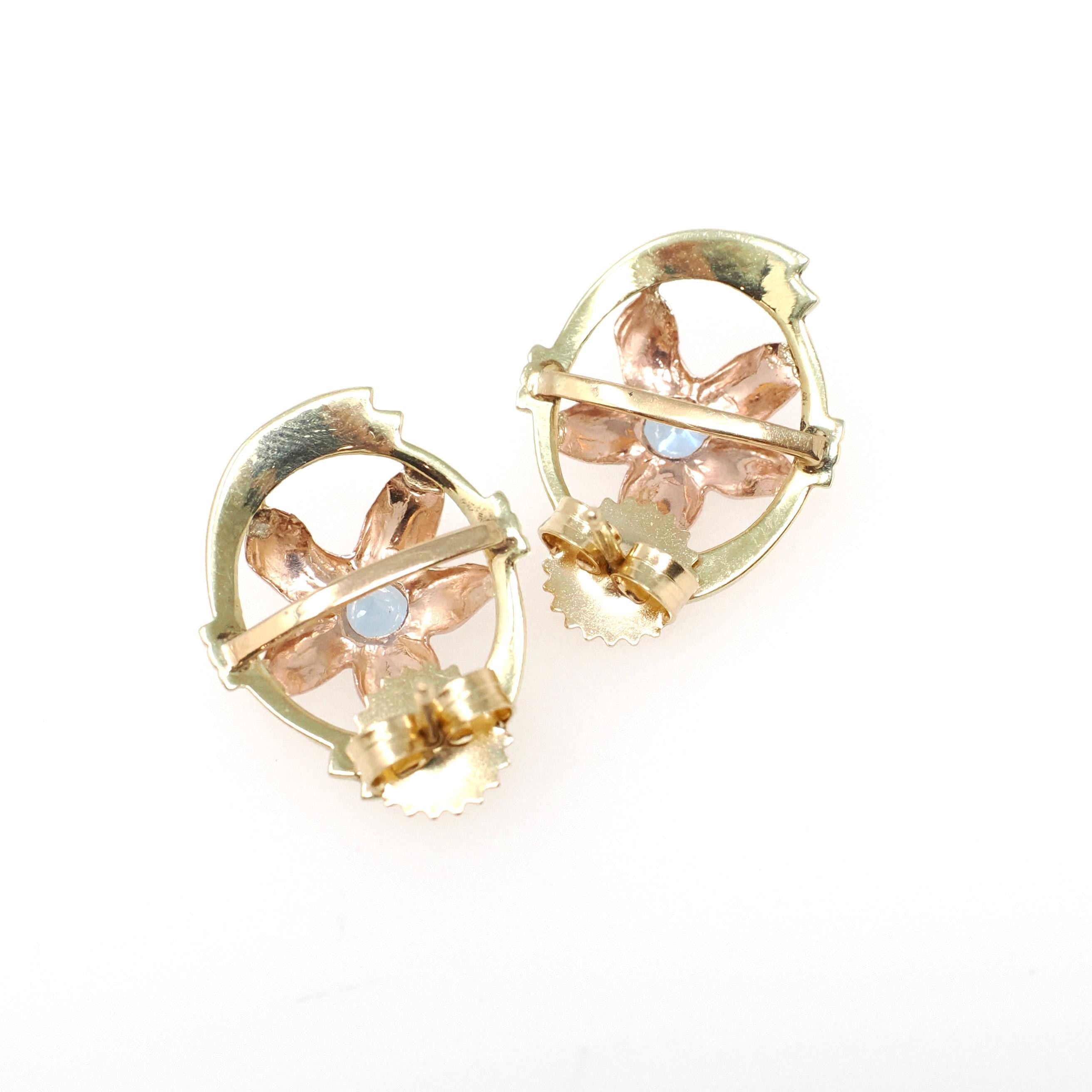Vintage Aquamarine Earrings - Mid Century 14k Yellow & Rose Gold Flower Studs - Circa 1940s Pierced Push Back Floral Two Tone Fine Jewelry