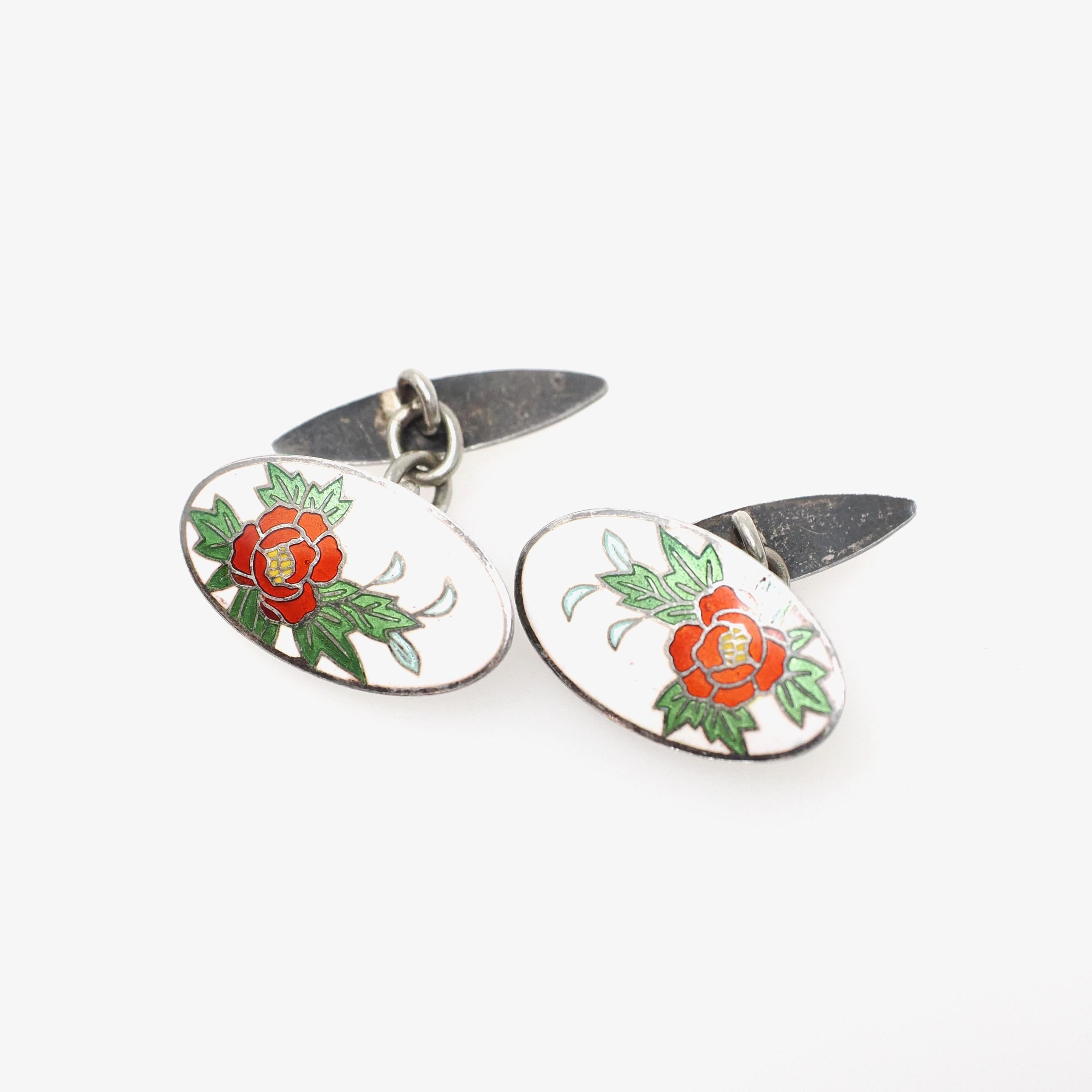 Art Deco Cufflinks - Vintage Silver White Red Green Flower Enamel Plate Design - Circa 1930s Men's Unisex Accessory Fine Floral 30s Jewelry