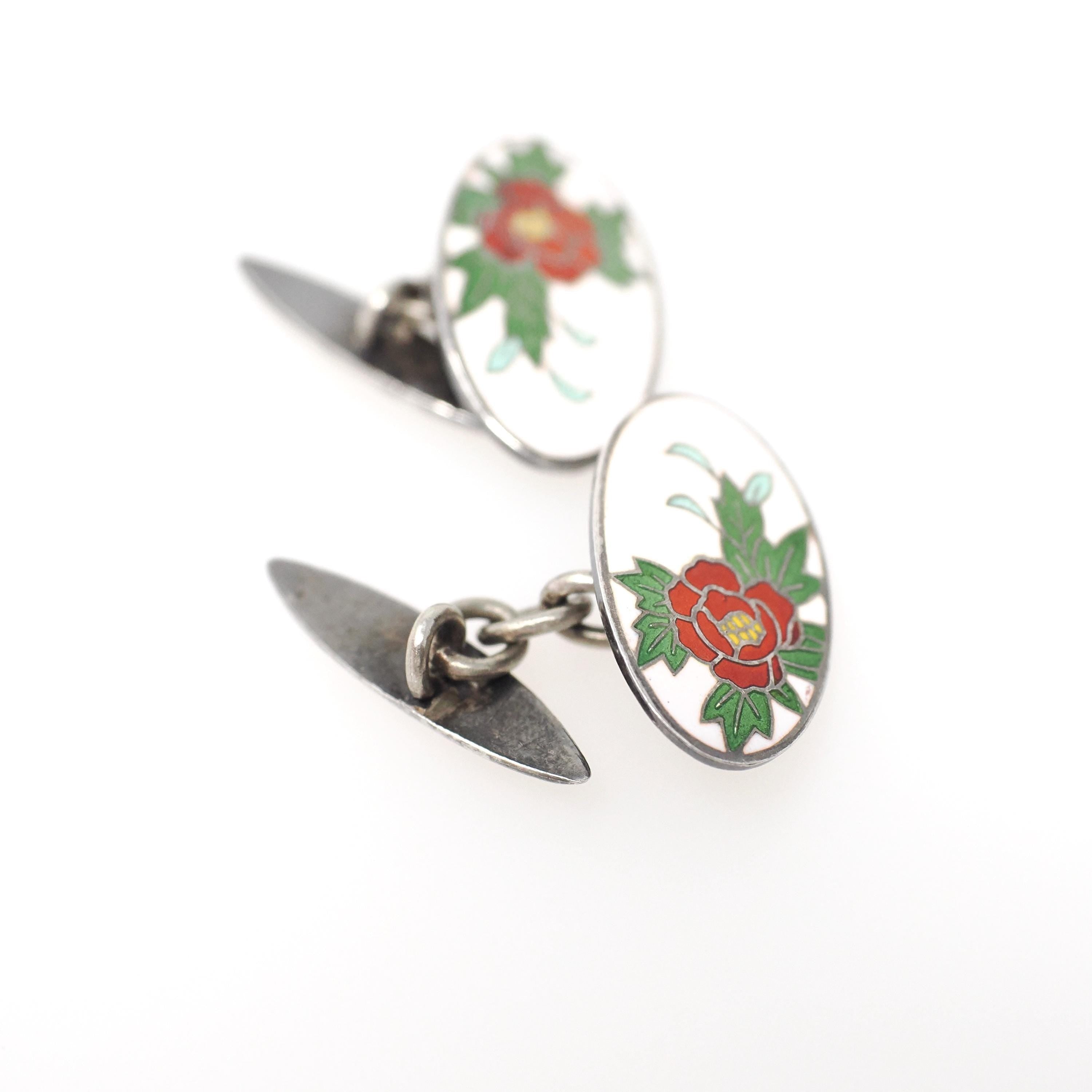 Art Deco Cufflinks - Vintage Silver White Red Green Flower Enamel Plate Design - Circa 1930s Men's Unisex Accessory Fine Floral 30s Jewelry