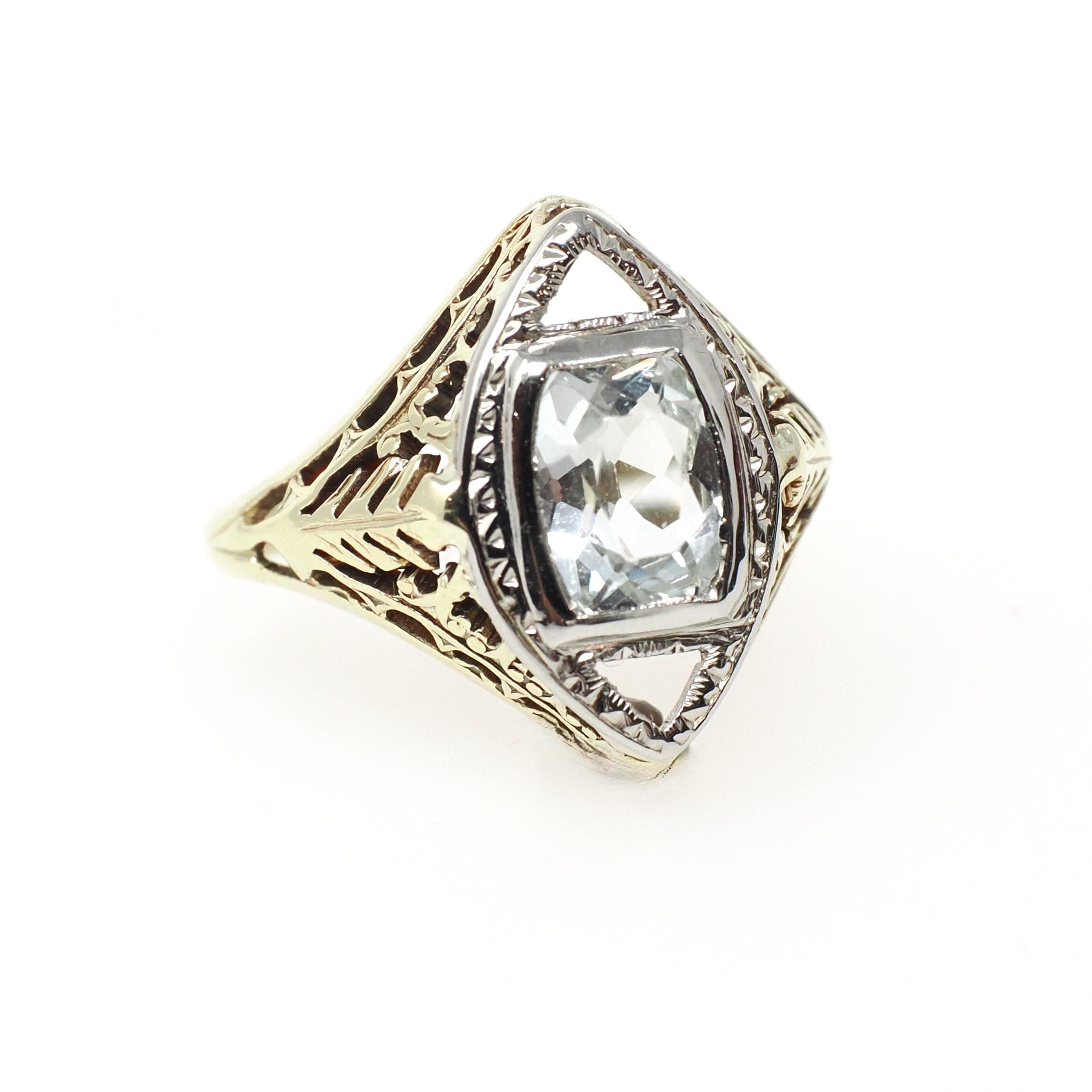 Vintage Aquamarine Ring - Art Deco Era 14k Yellow & White Gold Natural Light Blue Gemstone - Circa 1930s Size 6 Filigree Fine 30s Jewelry