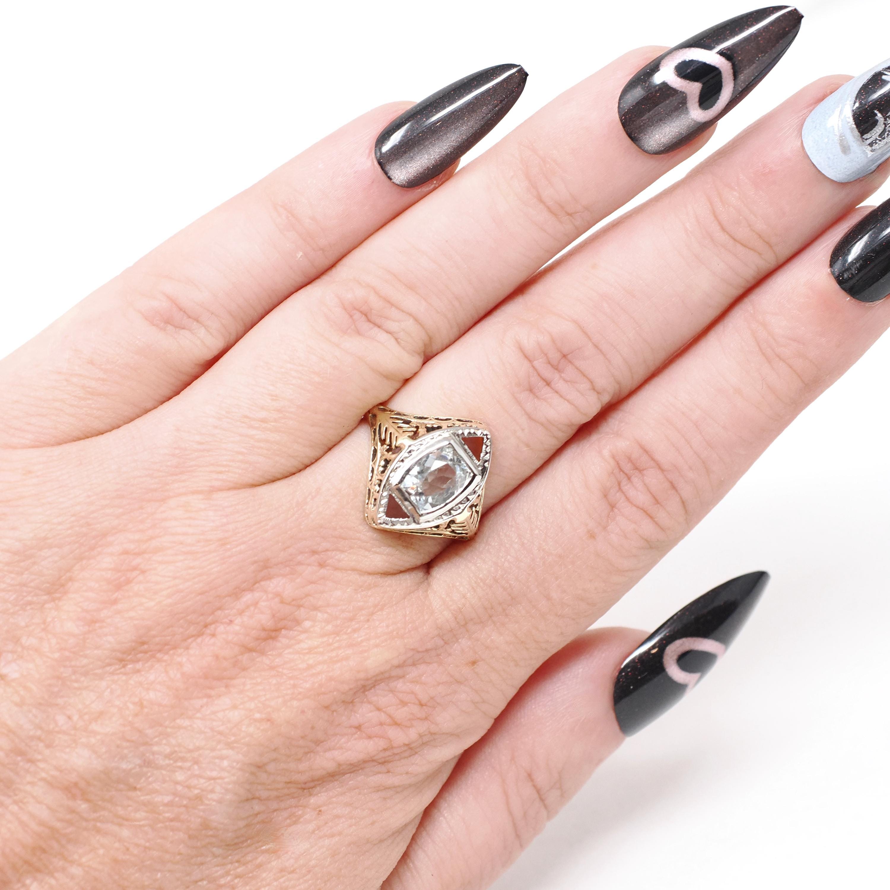 Vintage Aquamarine Ring - Art Deco Era 14k Yellow & White Gold Natural Light Blue Gemstone - Circa 1930s Size 6 Filigree Fine 30s Jewelry