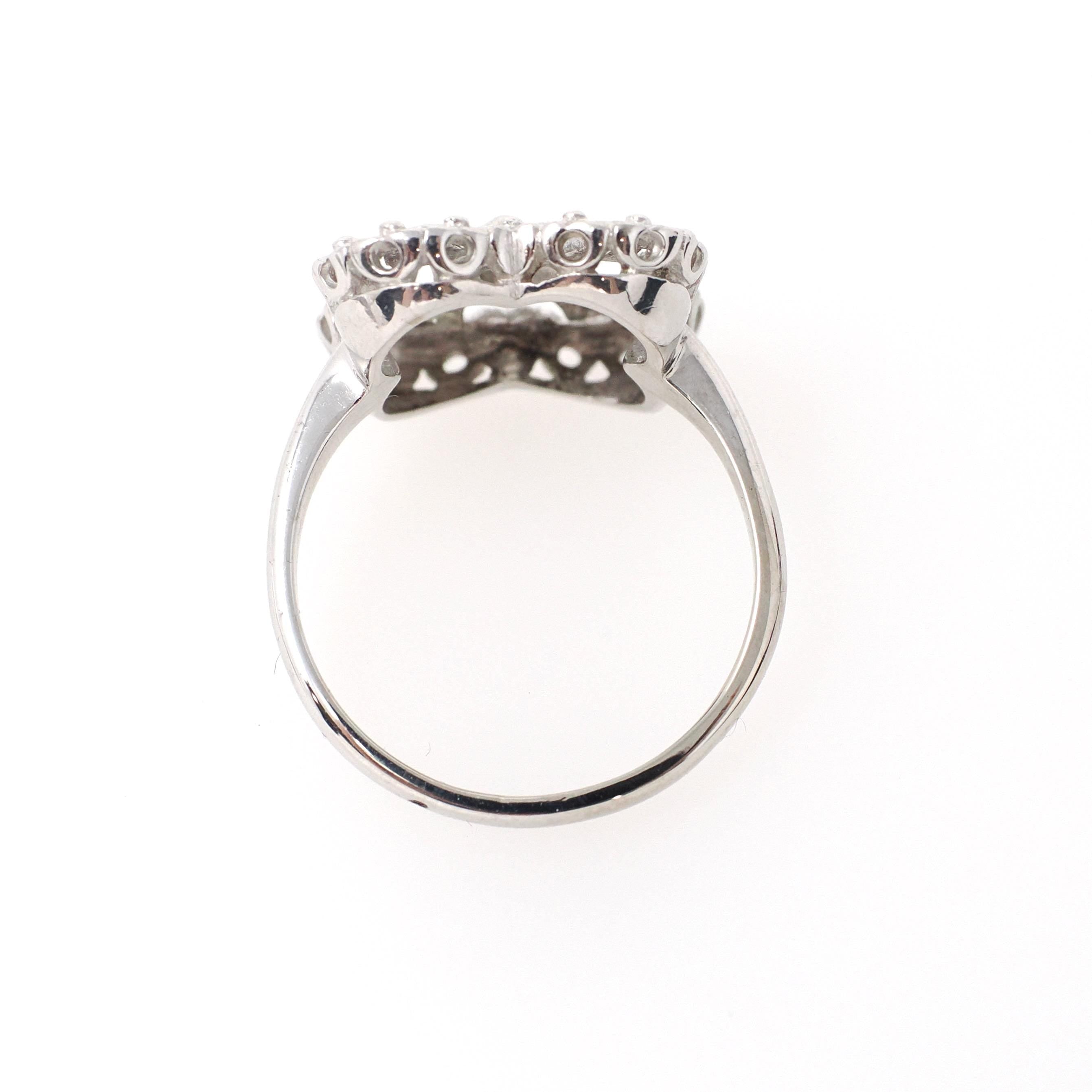 Vintage Shield Ring - Mid Century 14k White Gold .18 CTW Natural Diamonds - Circa 1950s Size 7 Fine Filigree Alhambra Clover Halo Jewelry