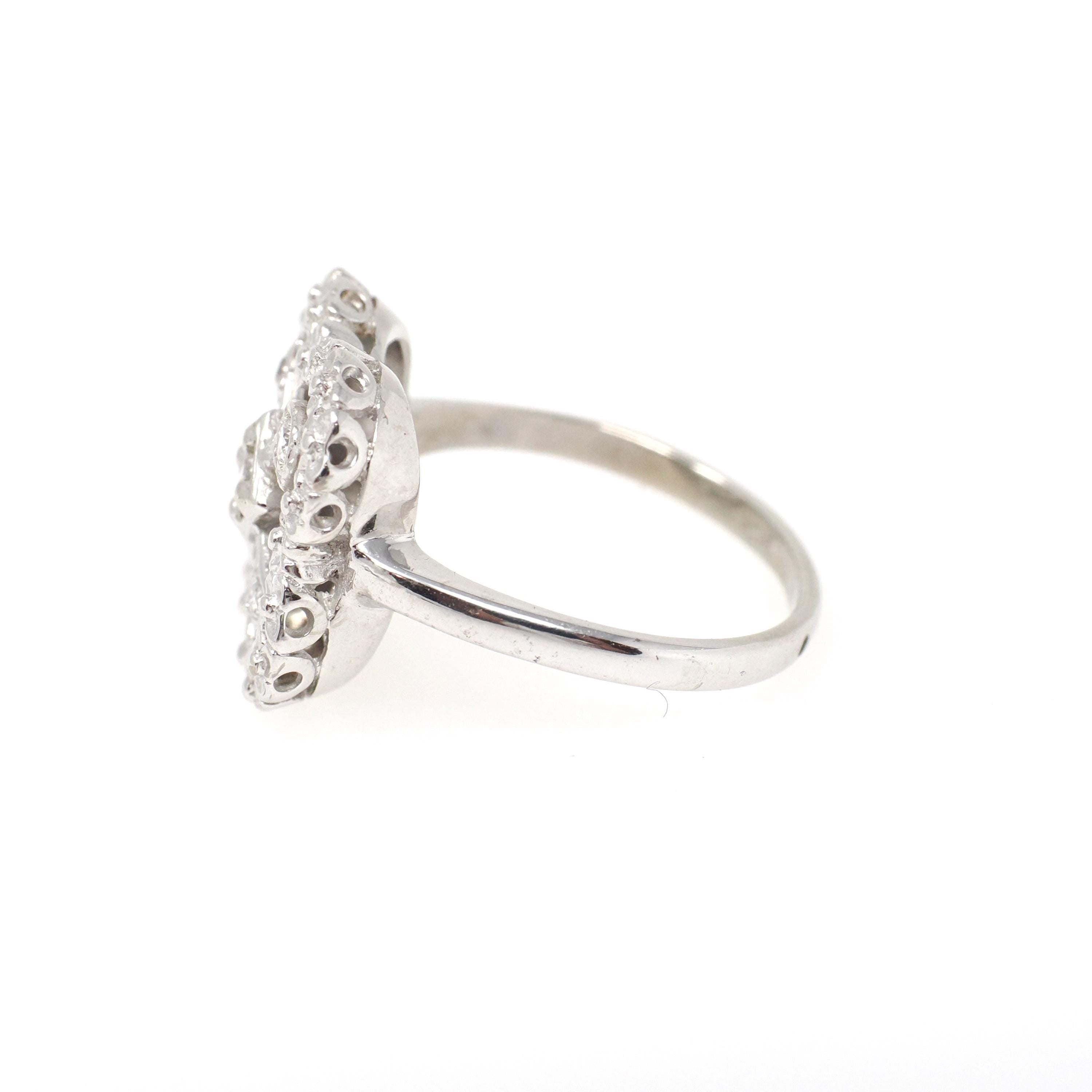 Vintage Shield Ring - Mid Century 14k White Gold .18 CTW Natural Diamonds - Circa 1950s Size 7 Fine Filigree Alhambra Clover Halo Jewelry