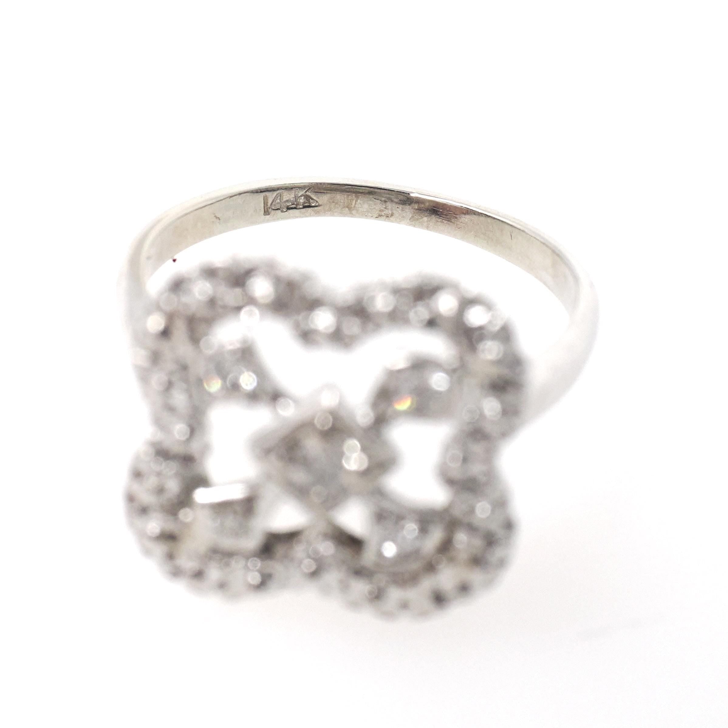 Vintage Shield Ring - Mid Century 14k White Gold .18 CTW Natural Diamonds - Circa 1950s Size 7 Fine Filigree Alhambra Clover Halo Jewelry