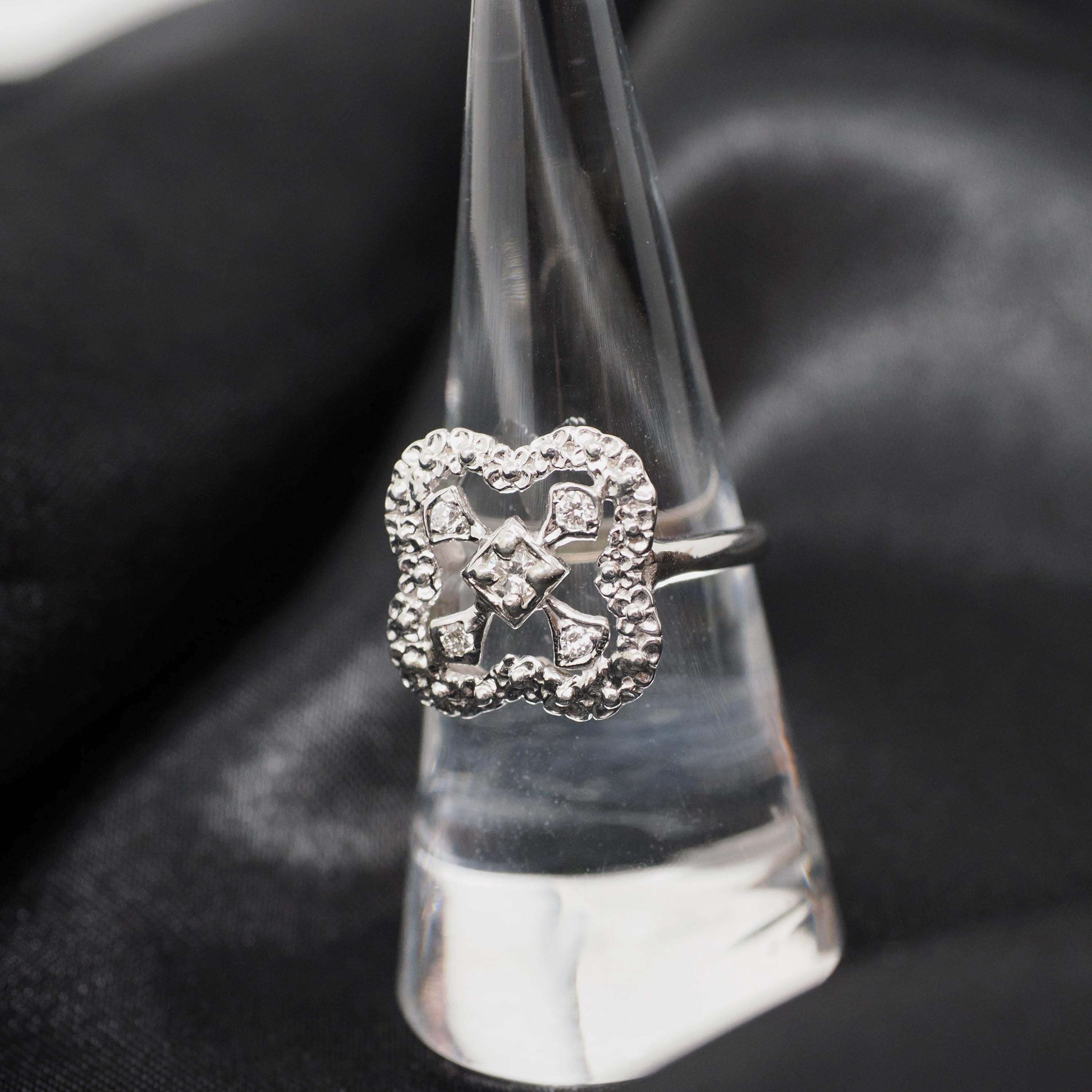Vintage Shield Ring - Mid Century 14k White Gold .18 CTW Natural Diamonds - Circa 1950s Size 7 Fine Filigree Alhambra Clover Halo Jewelry