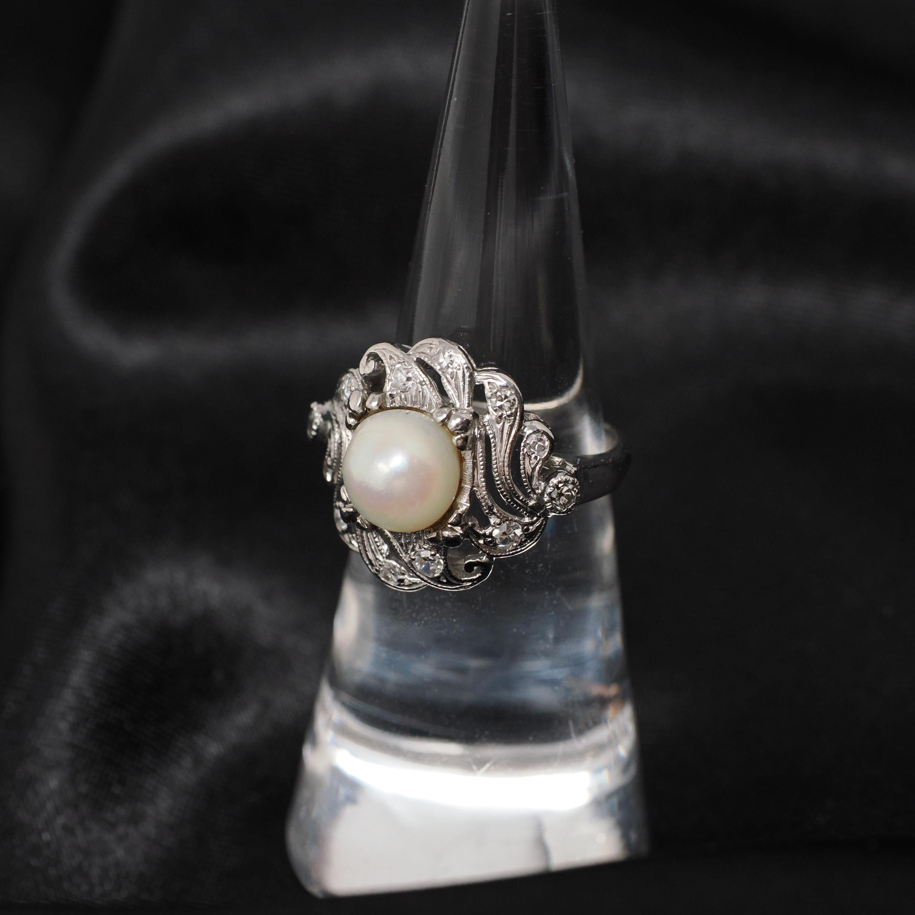 Art Deco Pearl Ring - Antique Platinum Organic 7.5 MM Cultured Gem - Circa 1920s Size 5 Fine .24 CTW Diamond Accent June Birthstone Jewelry