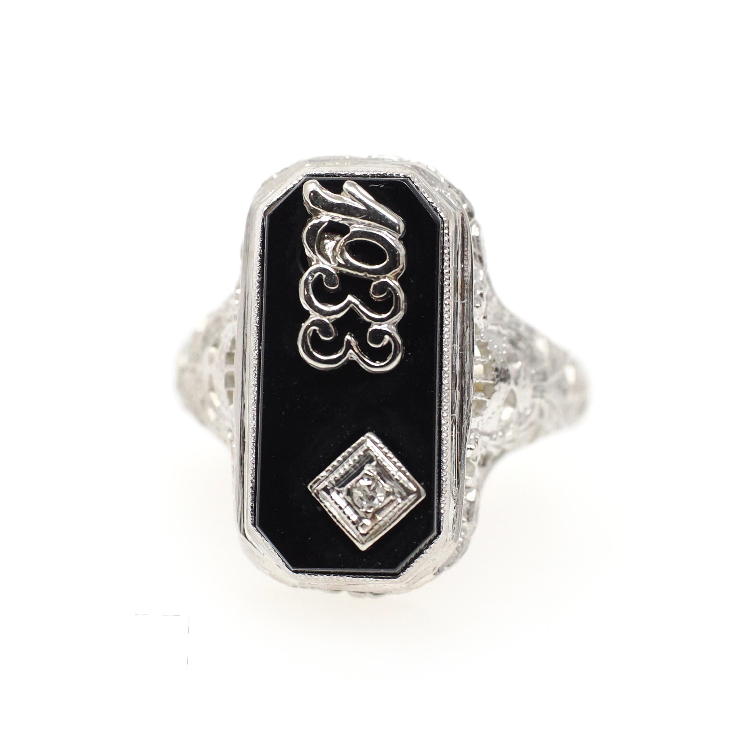 Vintage Onyx Ring - Art Deco 10k White Gold Black Chalcedony Gem & Diamond Accent 1933 Class Ring - Circa 1930s Size 5 3/4 Fine Jewelry