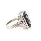 Vintage Onyx Ring - Art Deco 10k White Gold Black Chalcedony Gem & Diamond Accent 1933 Class Ring - Circa 1930s Size 5 3/4 Fine Jewelry