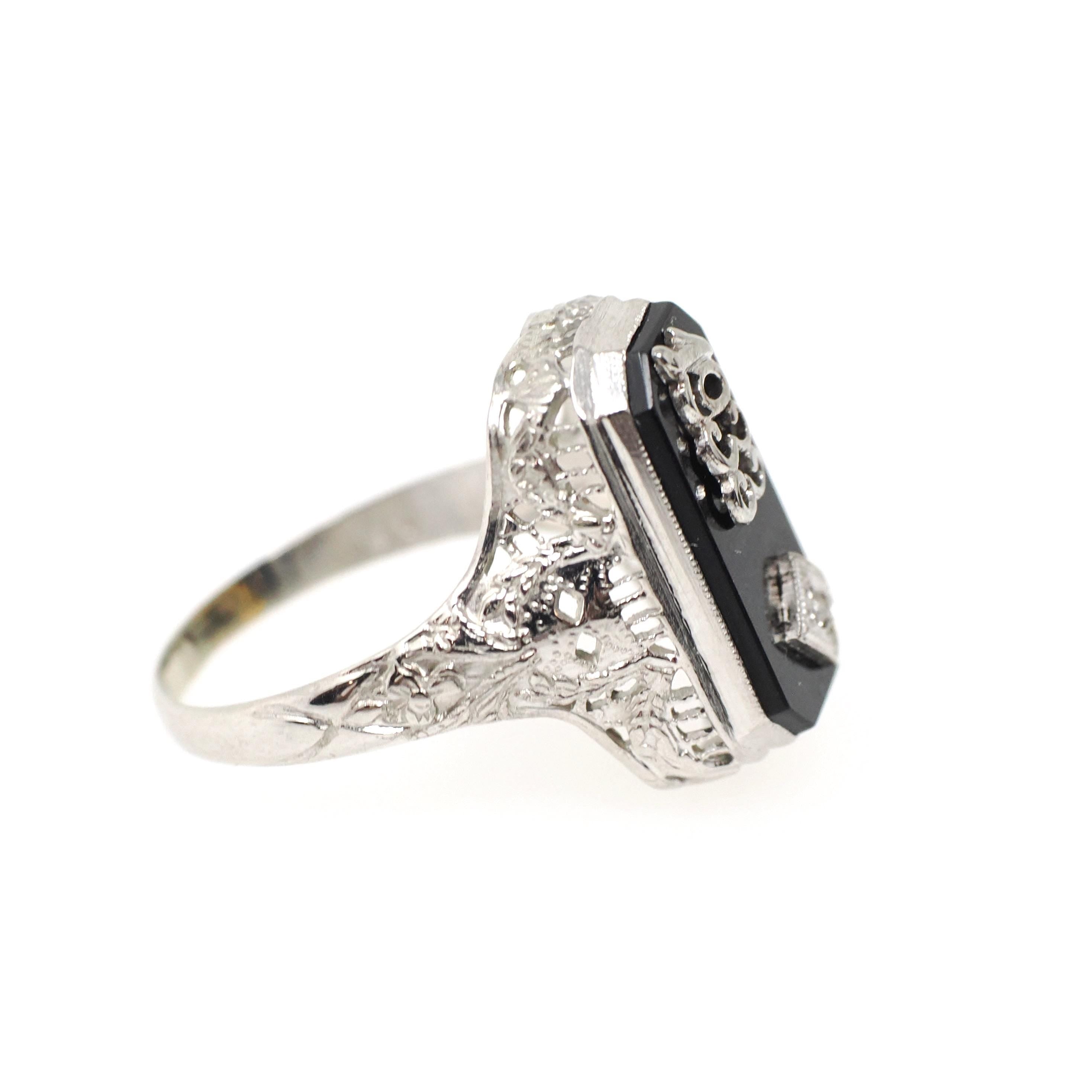 Vintage Onyx Ring - Art Deco 10k White Gold Black Chalcedony Gem & Diamond Accent 1933 Class Ring - Circa 1930s Size 5 3/4 Fine Jewelry