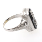 Vintage Onyx Ring - Art Deco 10k White Gold Black Chalcedony Gem & Diamond Accent 1933 Class Ring - Circa 1930s Size 5 3/4 Fine Jewelry