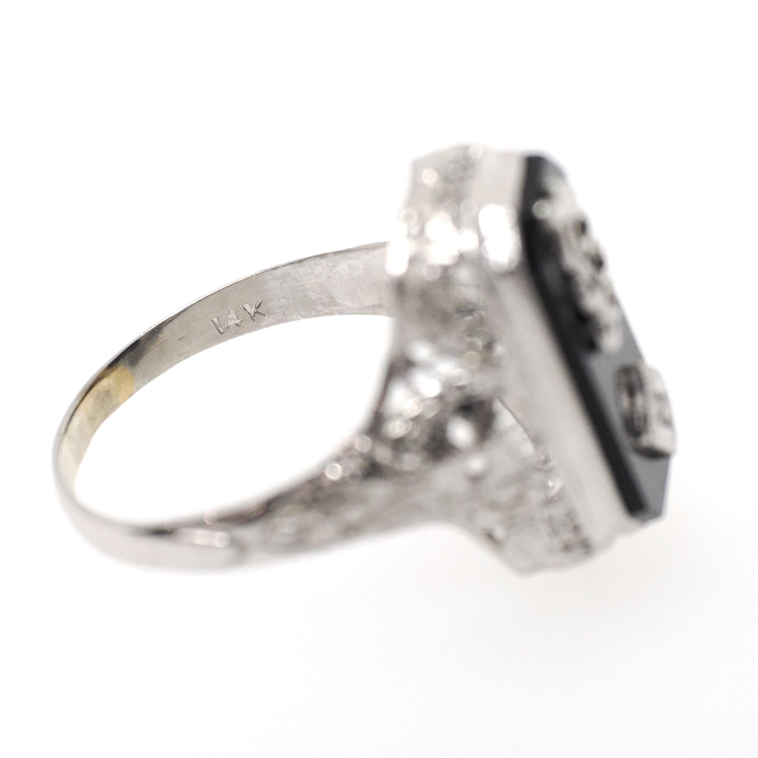 Vintage Onyx Ring - Art Deco 10k White Gold Black Chalcedony Gem & Diamond Accent 1933 Class Ring - Circa 1930s Size 5 3/4 Fine Jewelry