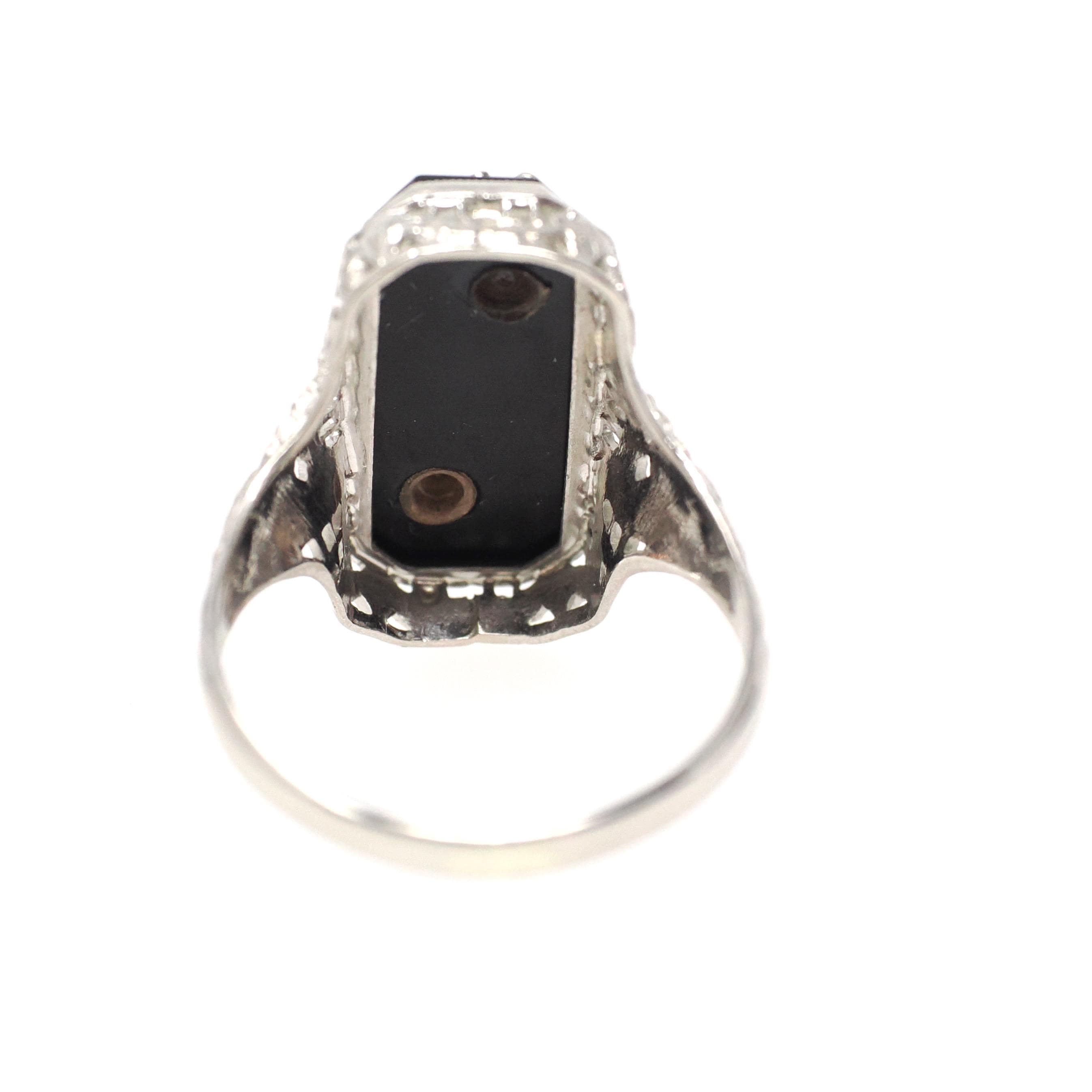 Vintage Onyx Ring - Art Deco 10k White Gold Black Chalcedony Gem & Diamond Accent 1933 Class Ring - Circa 1930s Size 5 3/4 Fine Jewelry