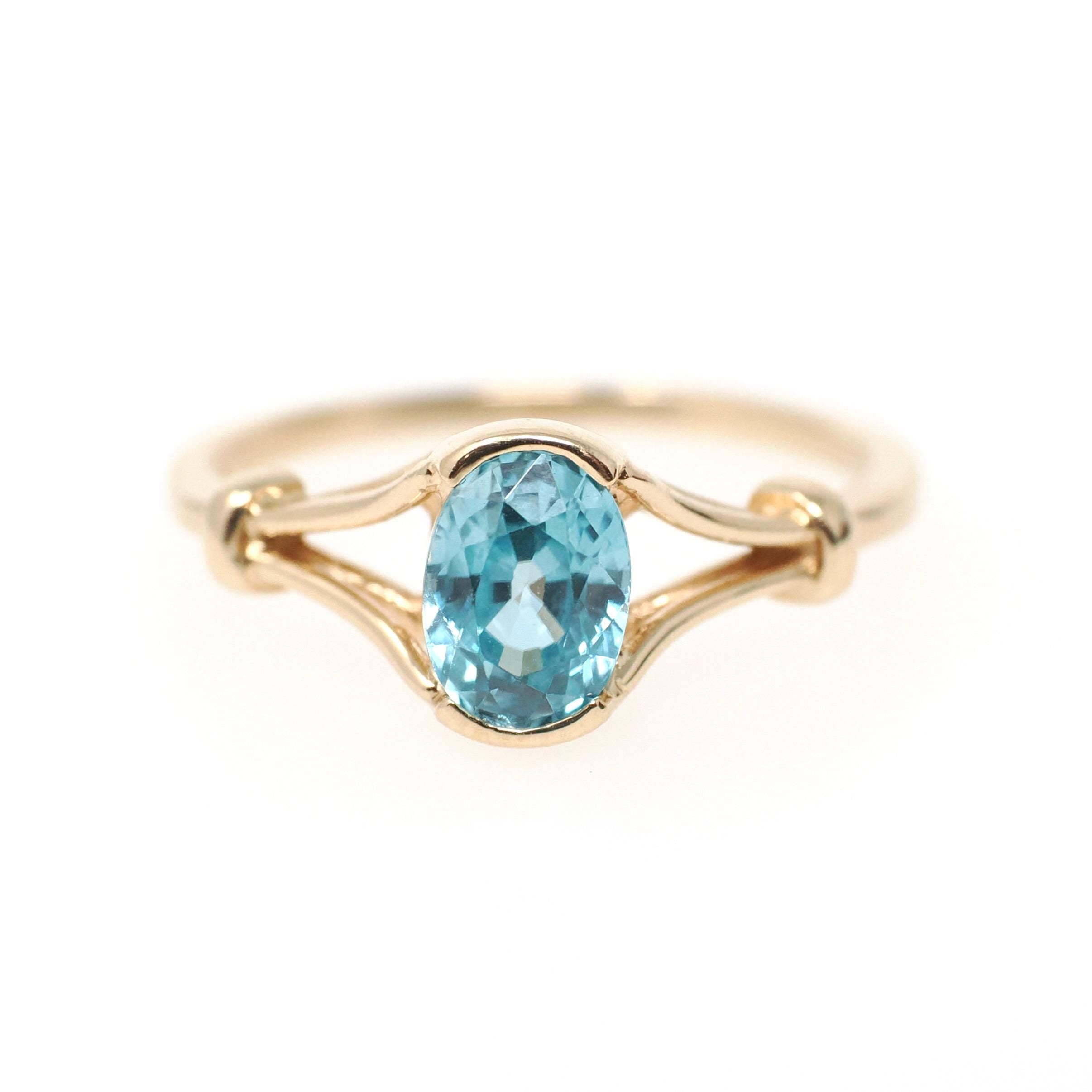 Blue Zircon Ring - Modern 14k Yellow Gold Oval 1.25 CT Gemstone Solitaire - Estate Circa 2000s Size 7 1/2 December Birthstone Fine Jewelry