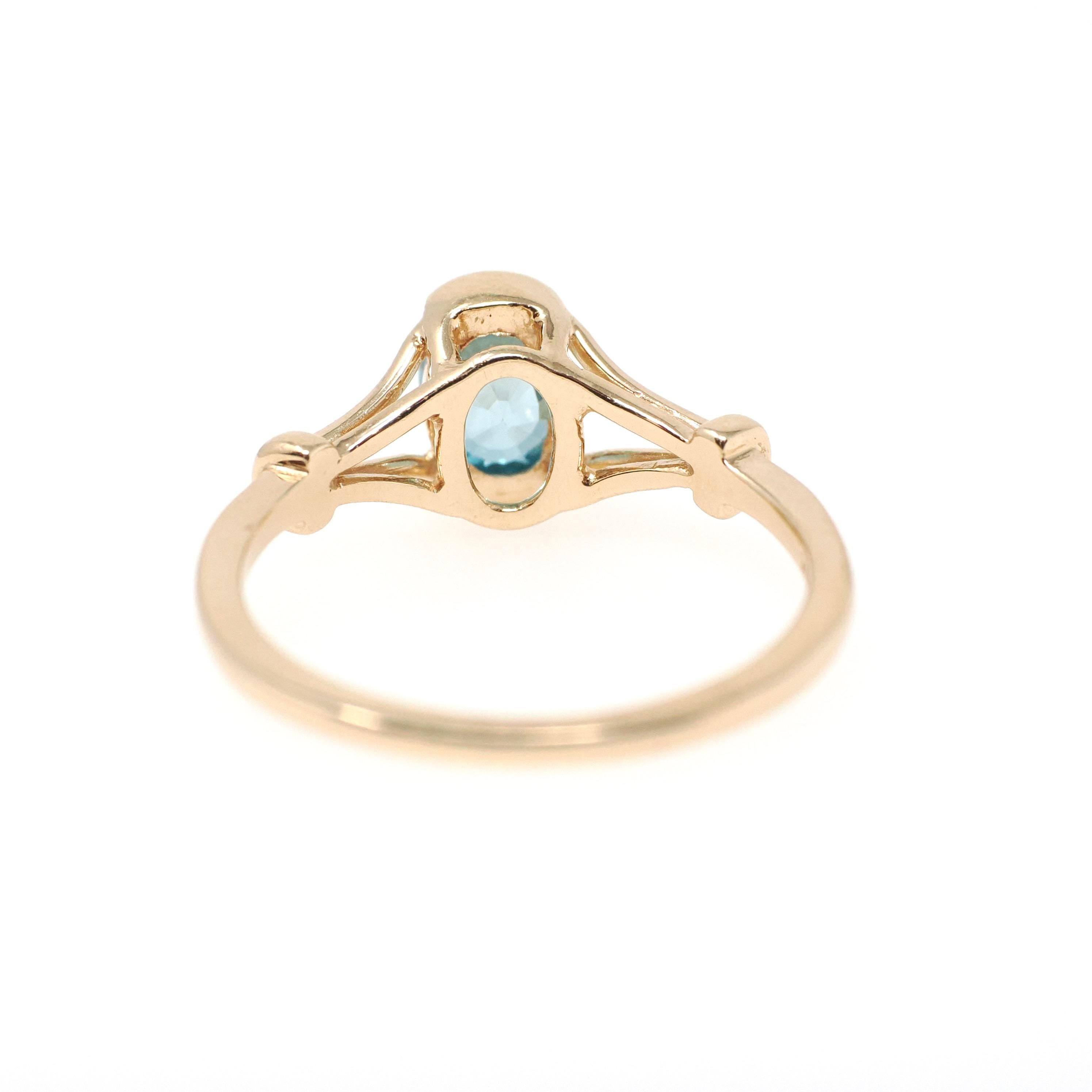 Blue Zircon Ring - Modern 14k Yellow Gold Oval 1.25 CT Gemstone Solitaire - Estate Circa 2000s Size 7 1/2 December Birthstone Fine Jewelry