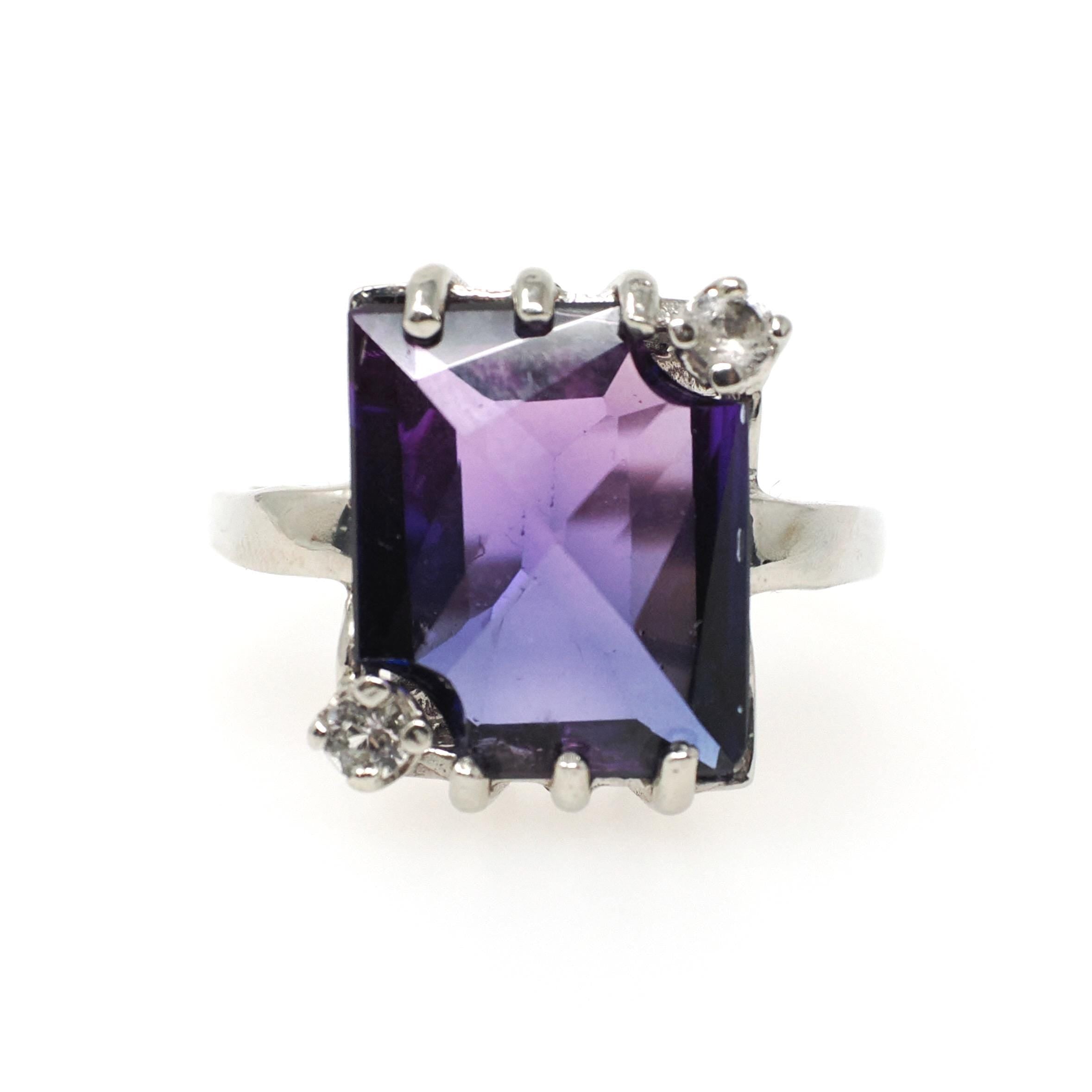 Created Color Change Sapphire Ring - Mid Century 10k White Gold Purple Blue Gem - Vintage 1960s Size 7 1/4 Created White Spinel Fine Jewelry