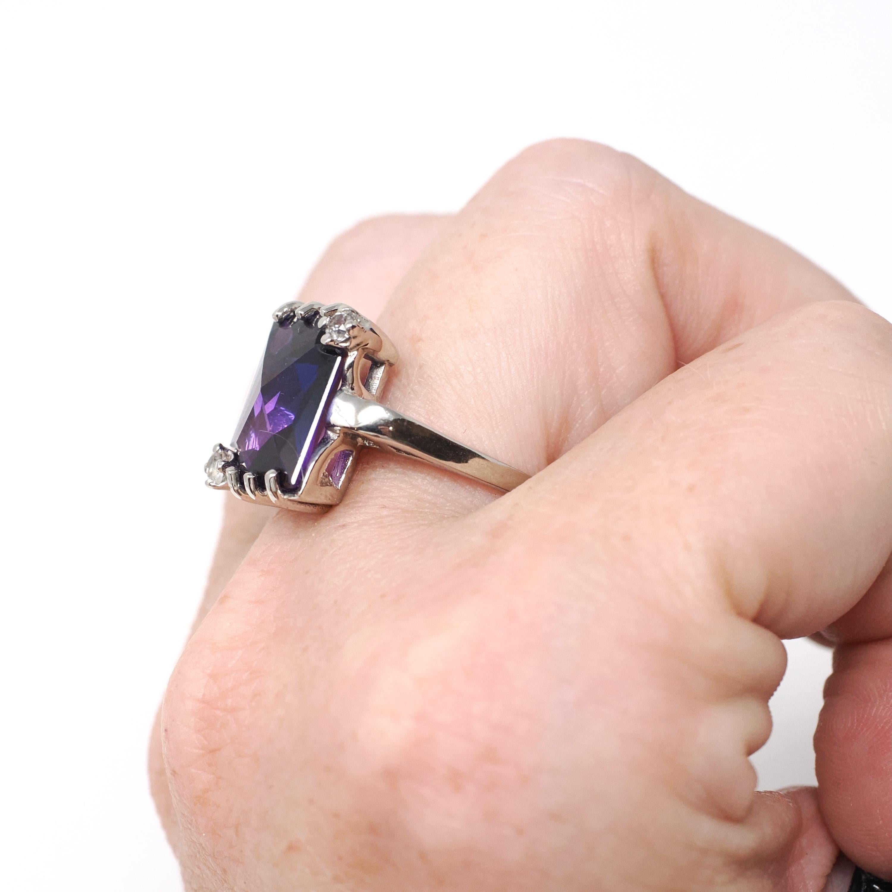 Created Color Change Sapphire Ring - Mid Century 10k White Gold Purple Blue Gem - Vintage 1960s Size 7 1/4 Created White Spinel Fine Jewelry