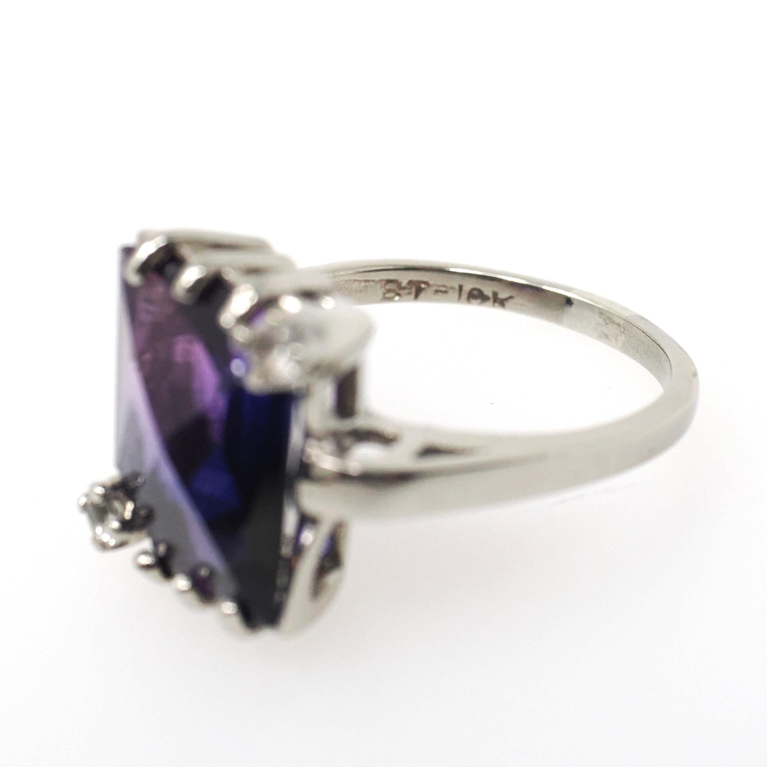 Created Color Change Sapphire Ring - Mid Century 10k White Gold Purple Blue Gem - Vintage 1960s Size 7 1/4 Created White Spinel Fine Jewelry