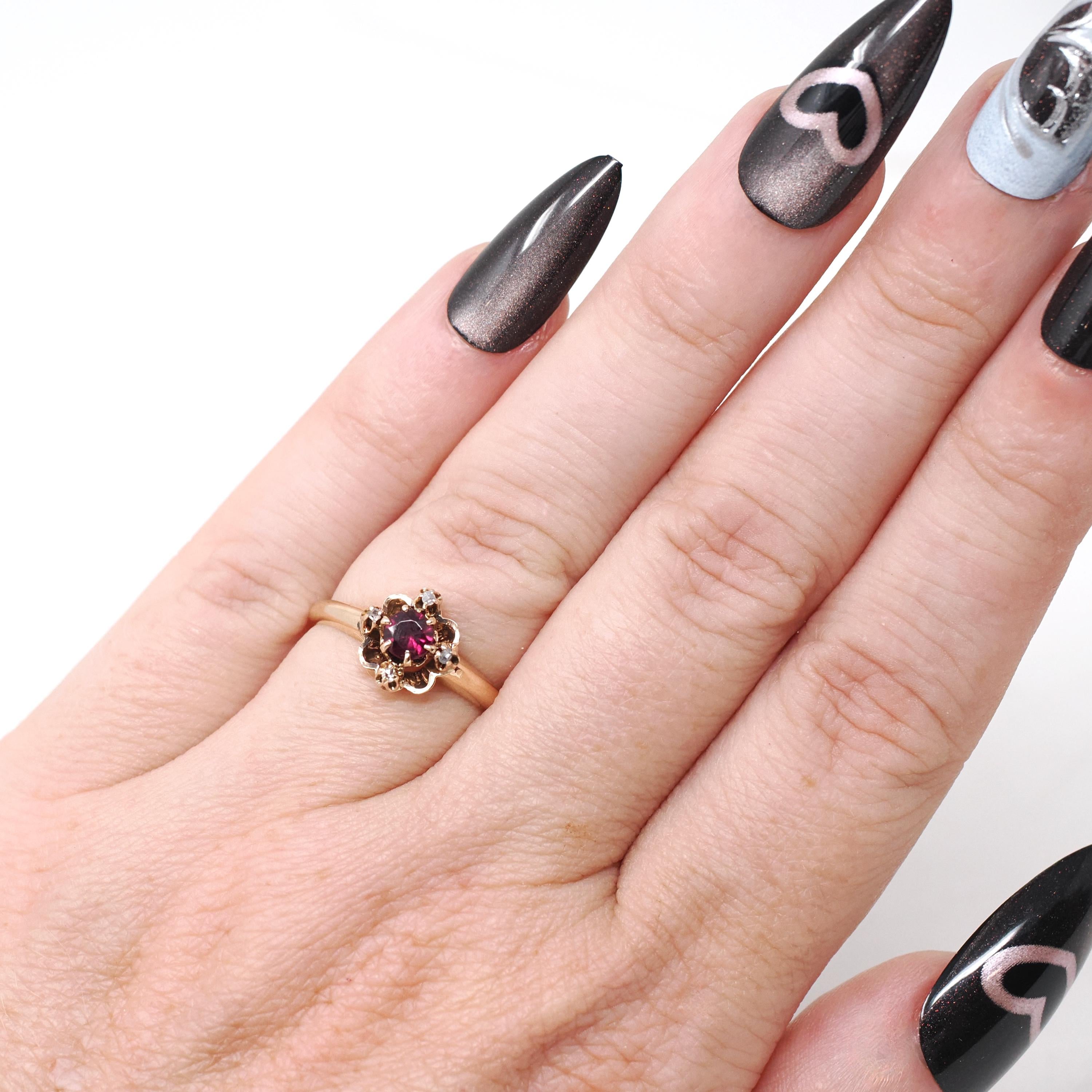 Antique Garnet Ring - Victorian 10k Rosy Yellow Gold .03 CTW Rose Cut Diamond Cluster - Circa 1890s Size 5 Rhodolite Gemstone Fine Jewelry