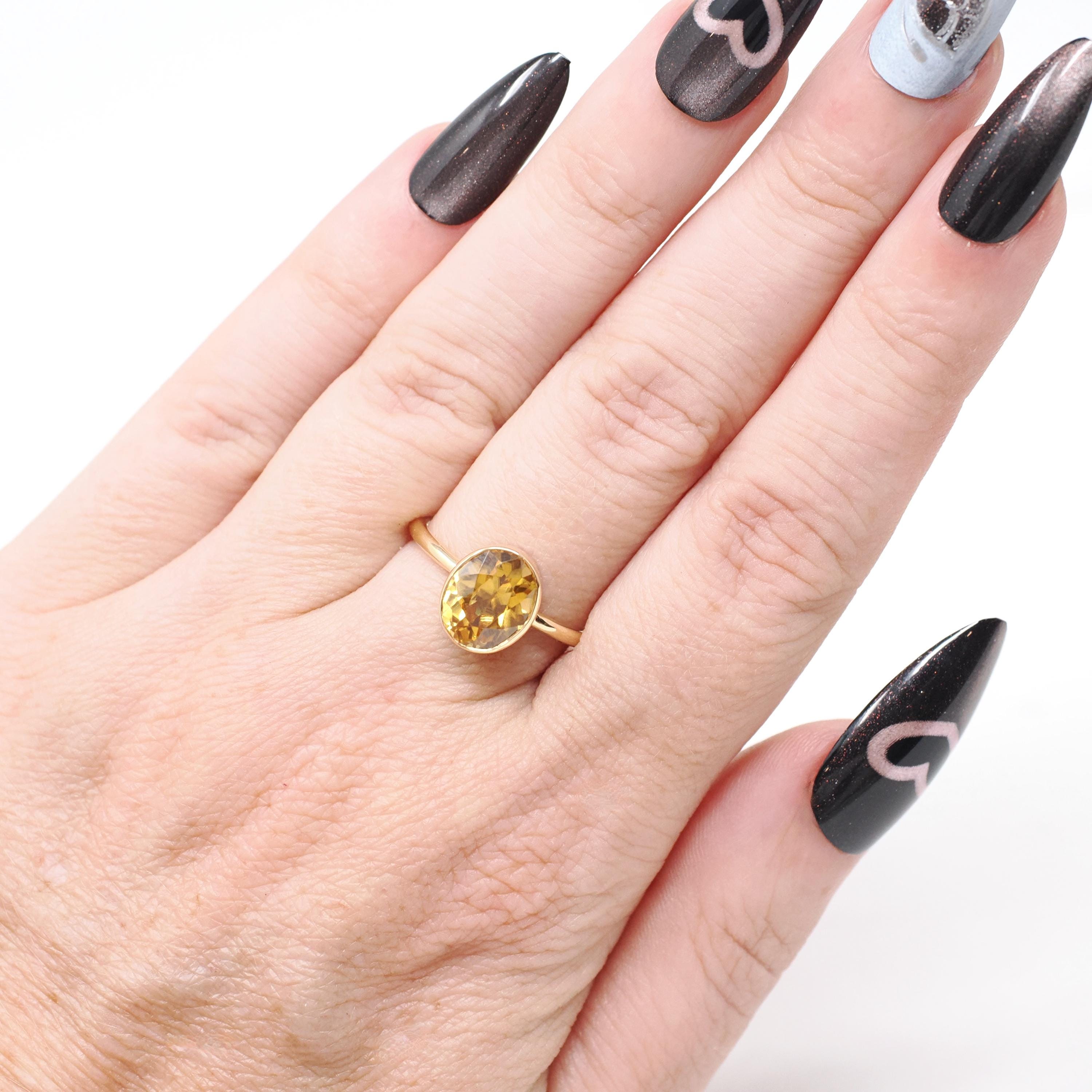 Modern Zircon Ring - 18k Yellow Gold Bezel Set Natural 4.97 CT Oval Orange Gemstone Solitaire - Circa 2000s Size 6.25 Statement Fine Jewelry
