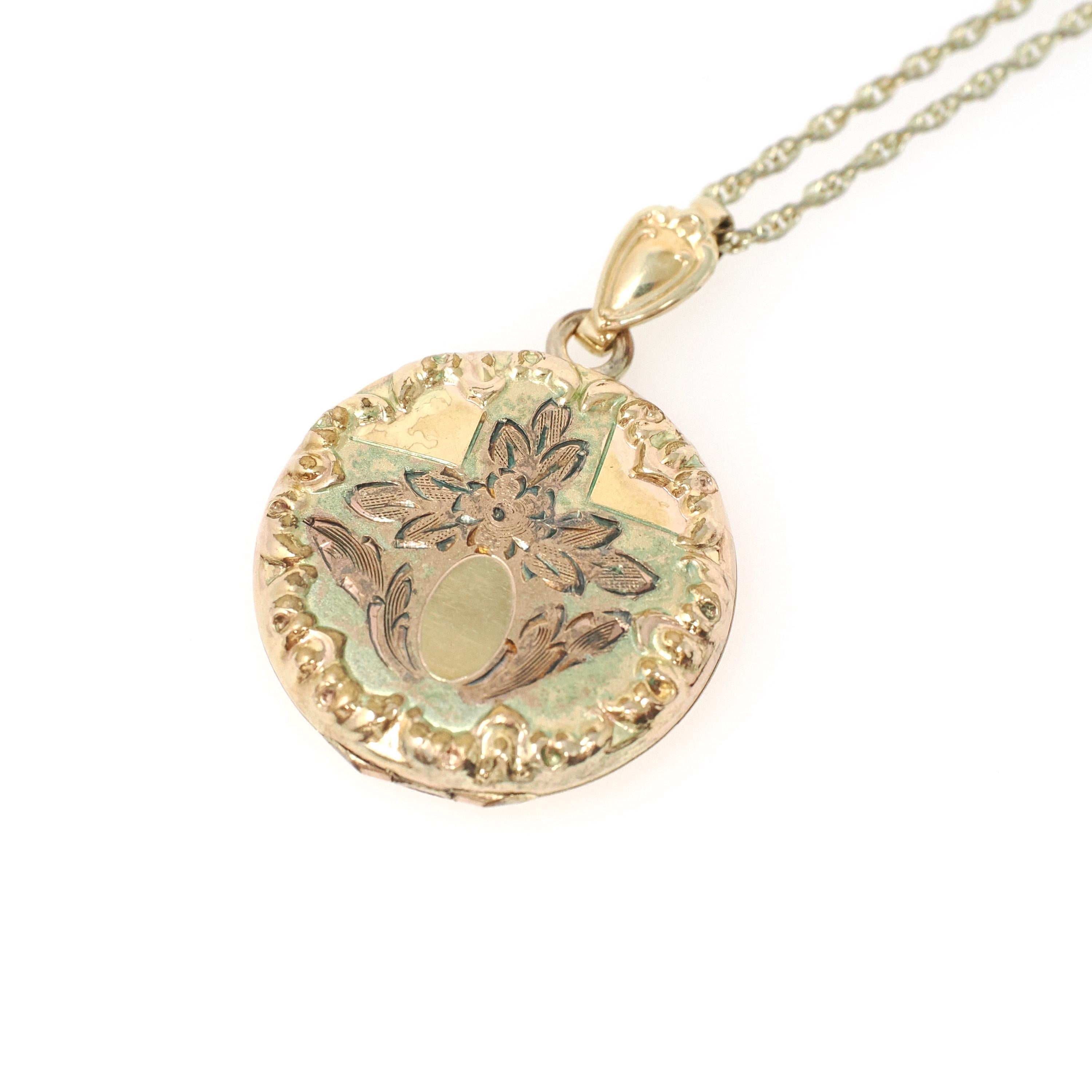 Vintage Flower Locket - Retro Gold Filled Floral Flowers Designs Round Necklace - Circa 1940s Era Statement Keepsake Photograph 40s Jewelry