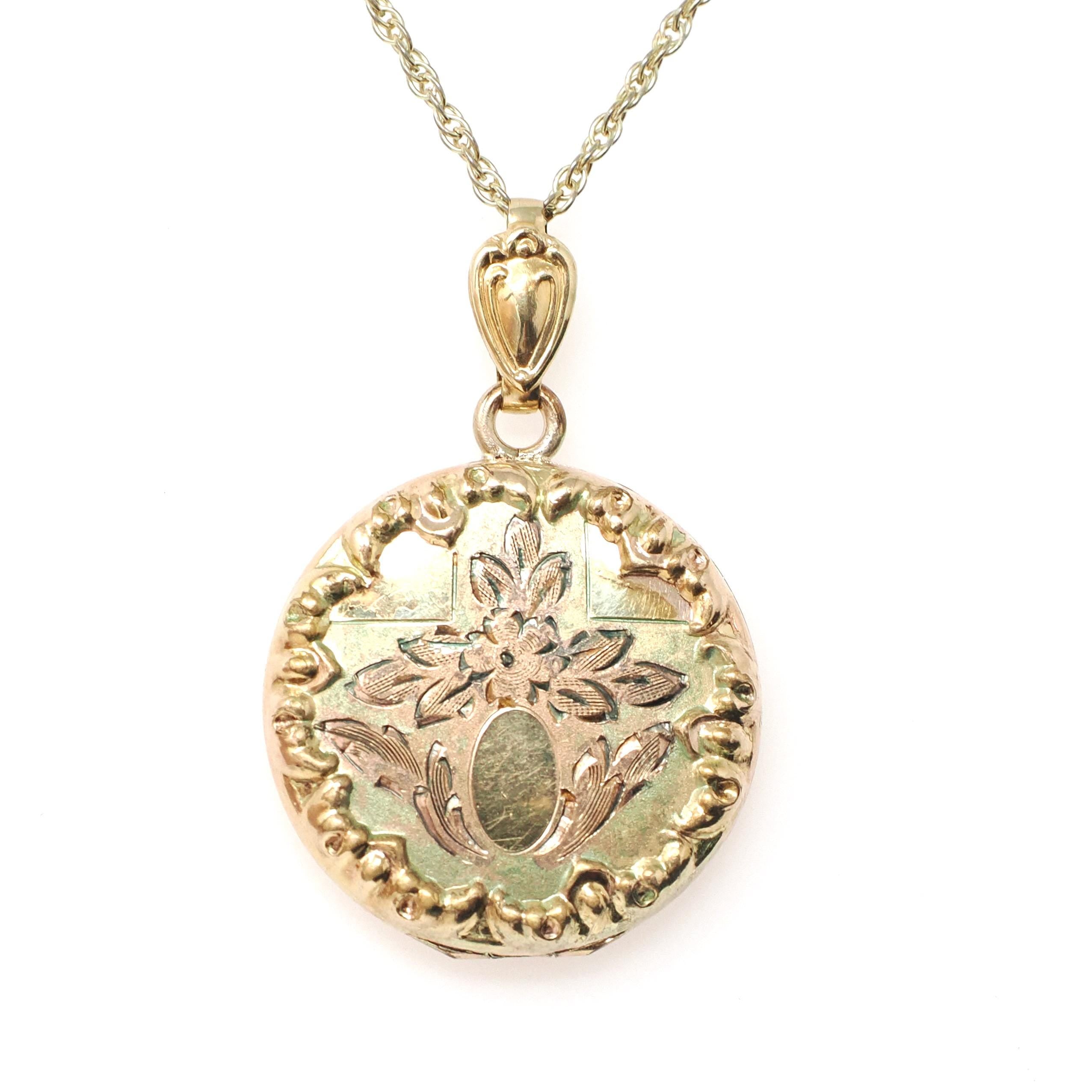Vintage Flower Locket - Retro Gold Filled Floral Flowers Designs Round Necklace - Circa 1940s Era Statement Keepsake Photograph 40s Jewelry
