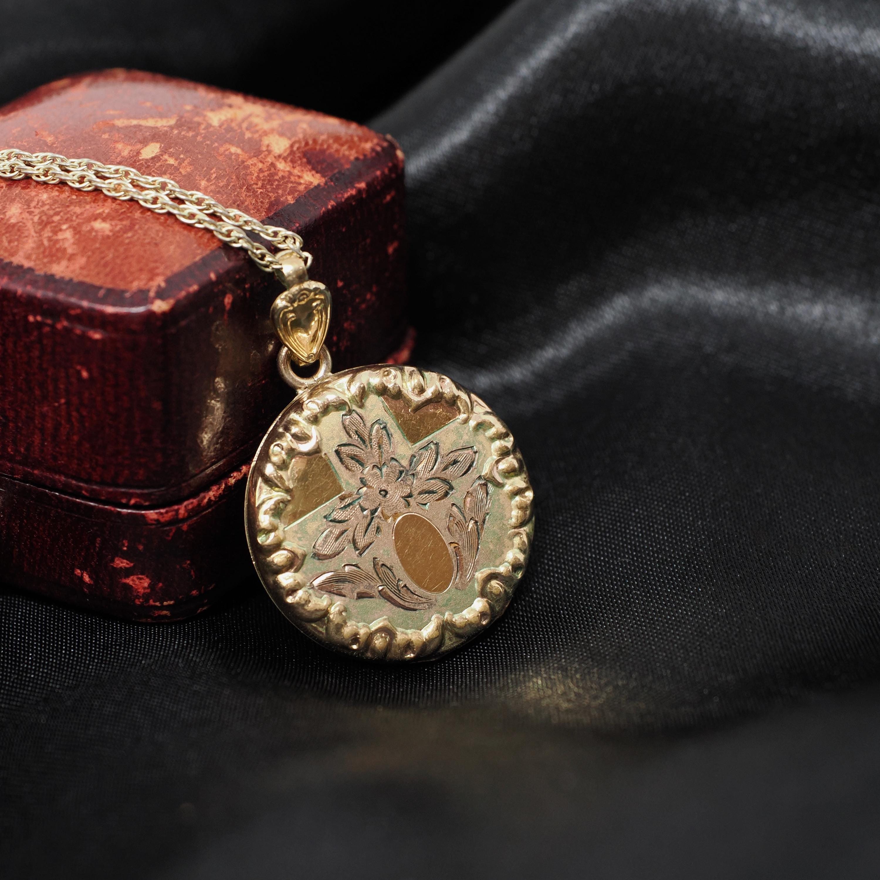 Vintage Flower Locket - Retro Gold Filled Floral Flowers Designs Round Necklace - Circa 1940s Era Statement Keepsake Photograph 40s Jewelry
