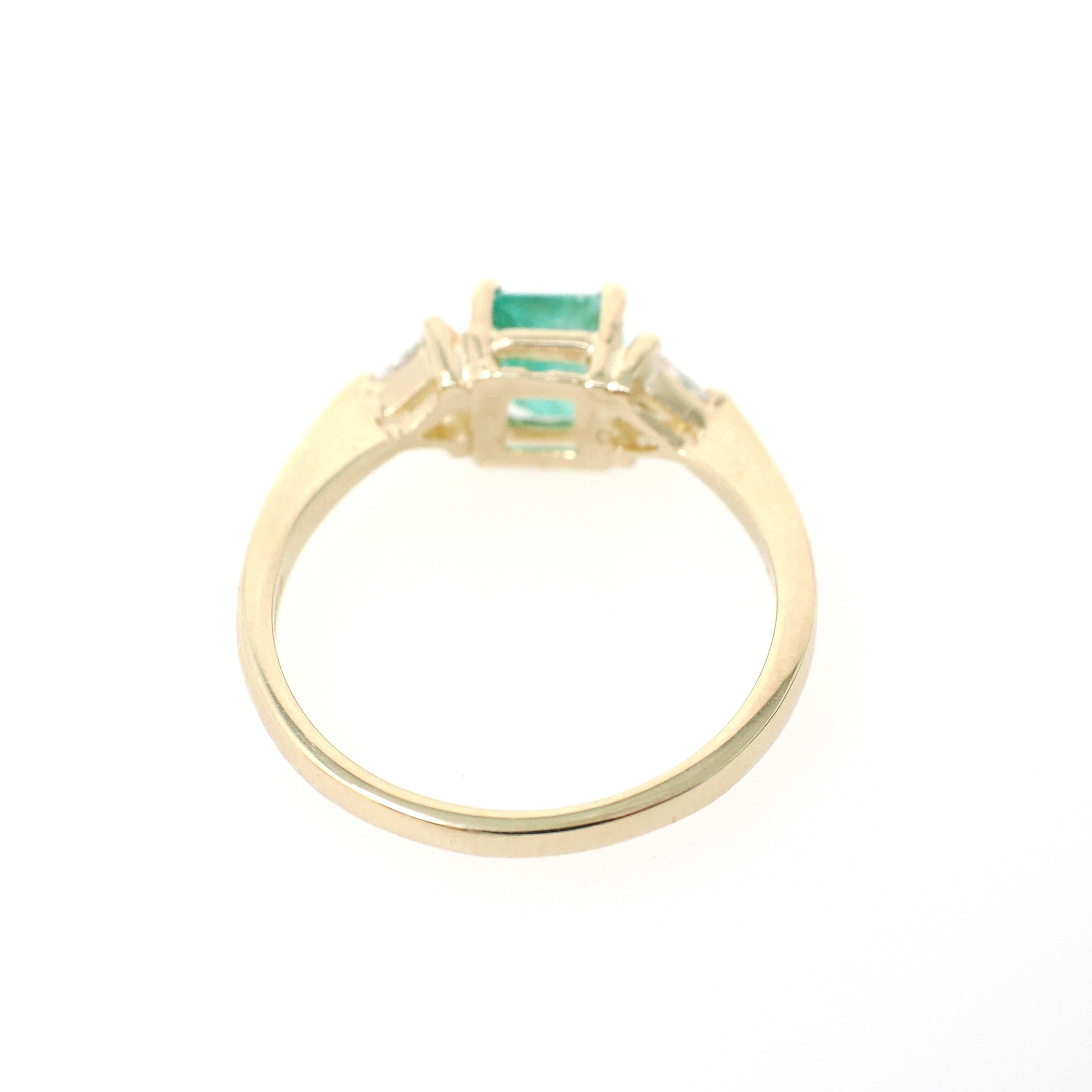 Emerald & Diamond Engagement Ring - Estate 14k Yellow Gold Three Stone Trillion Accent - Modern 2000s Era Size 8 May Birthstone Fine Jewelry