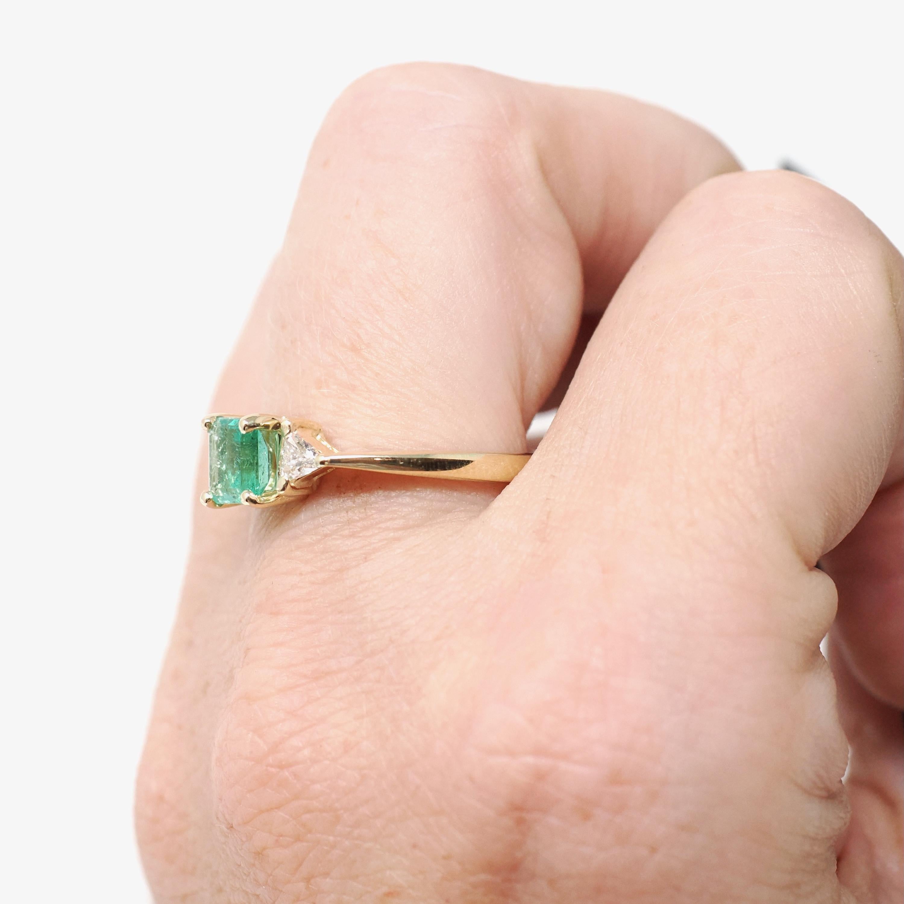 Emerald & Diamond Engagement Ring - Estate 14k Yellow Gold Three Stone Trillion Accent - Modern 2000s Era Size 8 May Birthstone Fine Jewelry