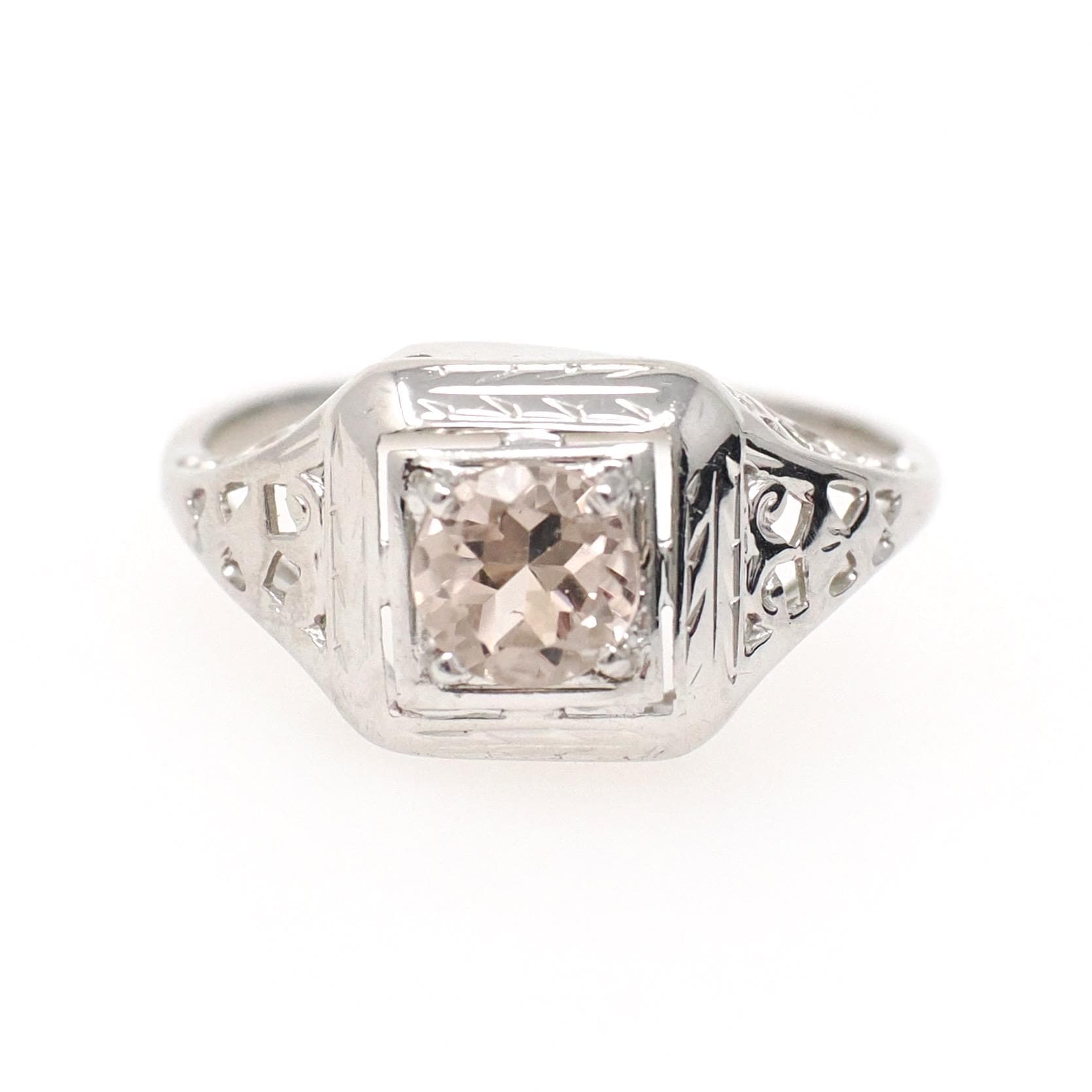 Morganite Engagement Ring - Art Deco 14k White Gold .47 CT Natural Beryl Pink Gemstone - Vintage Circa 1930 Size 5 1/2 Filigree Fine Jewelry