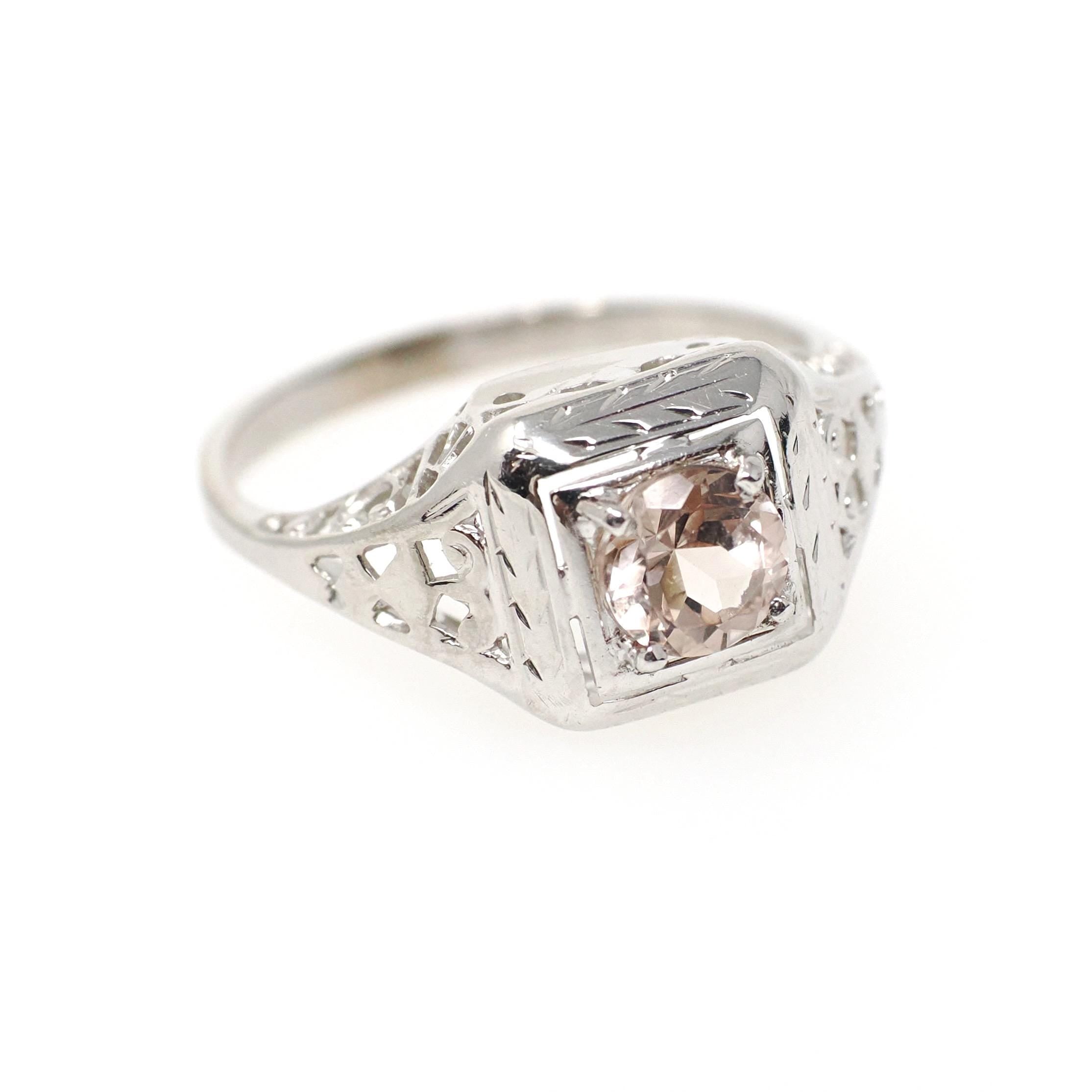 Morganite Engagement Ring - Art Deco 14k White Gold .47 CT Natural Beryl Pink Gemstone - Vintage Circa 1930 Size 5 1/2 Filigree Fine Jewelry