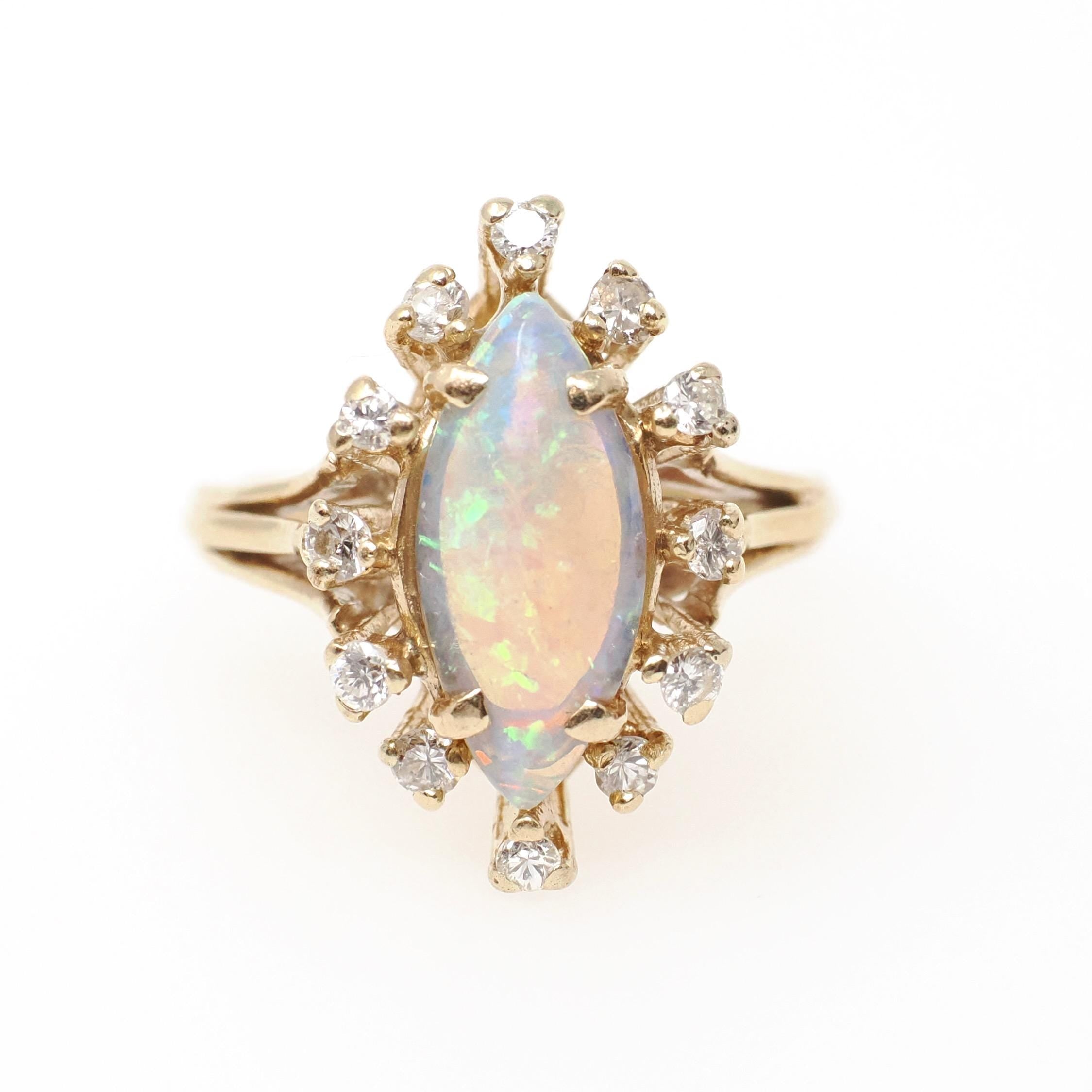 Opal Cocktail Ring - Vintage 14k Yellow Gold Marquise Cabochon Gem .24 CTW Diamond Accent Navette Halo - Circa 1980s Size 4 3/4 Fine Jewelry