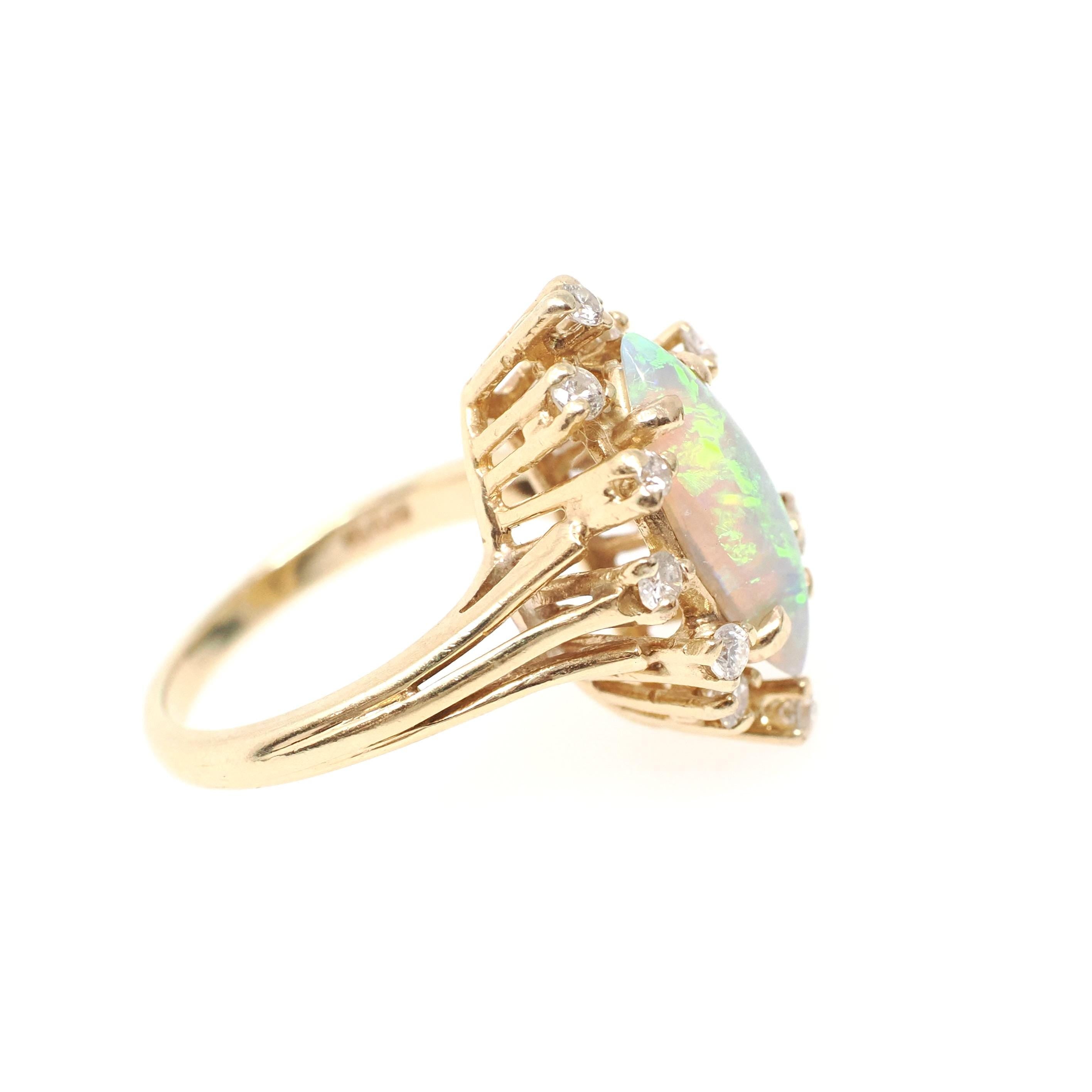 Opal Cocktail Ring - Vintage 14k Yellow Gold Marquise Cabochon Gem .24 CTW Diamond Accent Navette Halo - Circa 1980s Size 4 3/4 Fine Jewelry