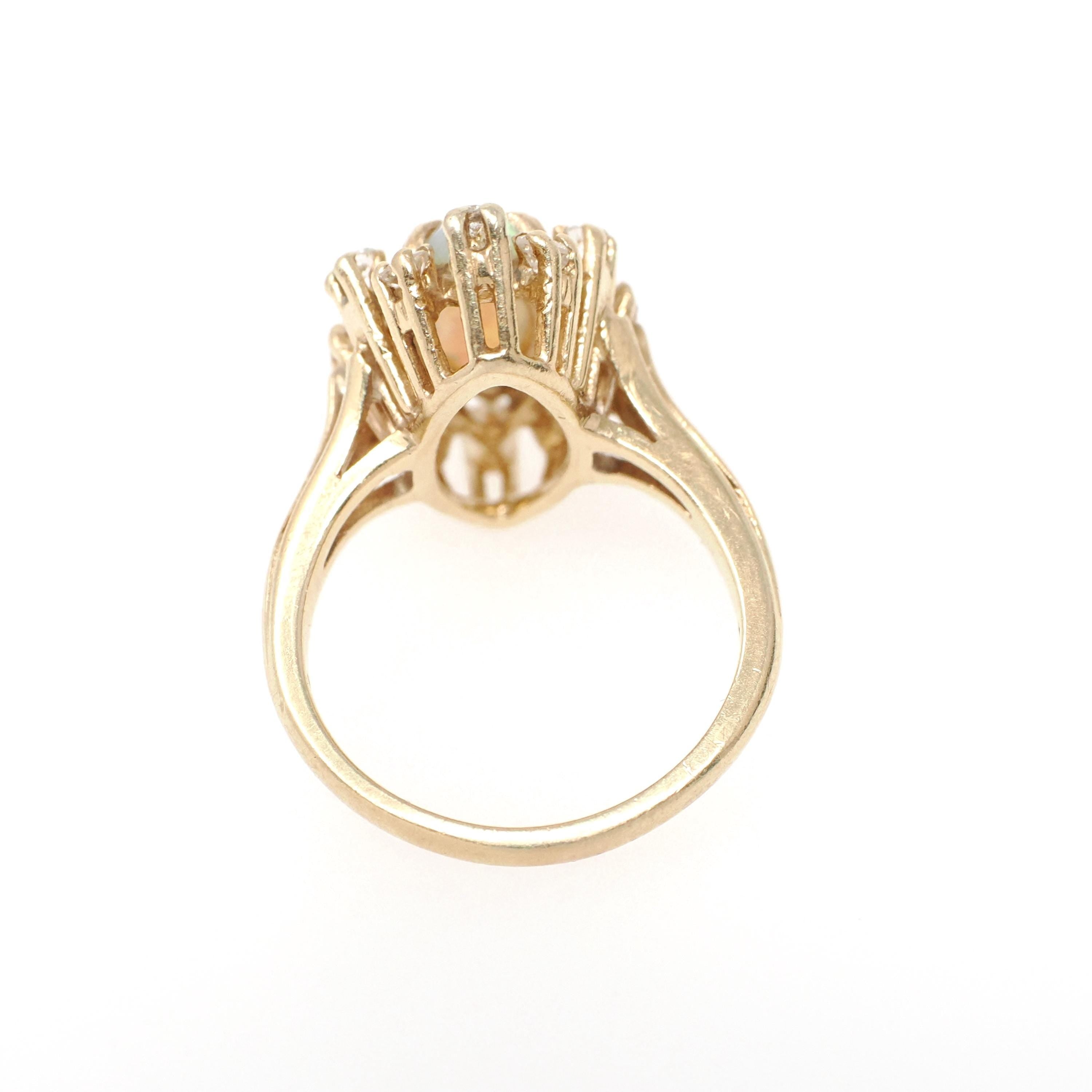 Opal Cocktail Ring - Vintage 14k Yellow Gold Marquise Cabochon Gem .24 CTW Diamond Accent Navette Halo - Circa 1980s Size 4 3/4 Fine Jewelry