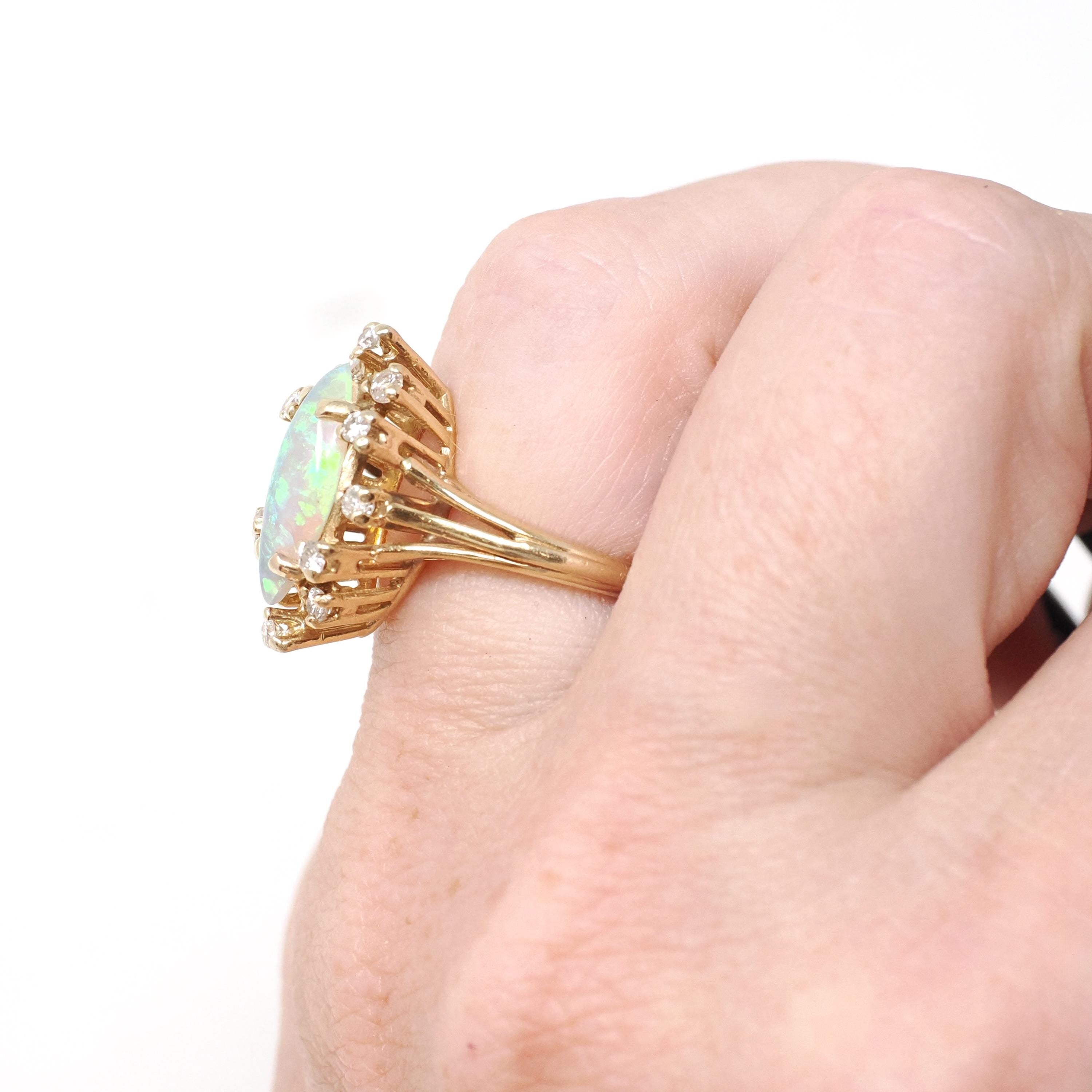 Opal Cocktail Ring - Vintage 14k Yellow Gold Marquise Cabochon Gem .24 CTW Diamond Accent Navette Halo - Circa 1980s Size 4 3/4 Fine Jewelry