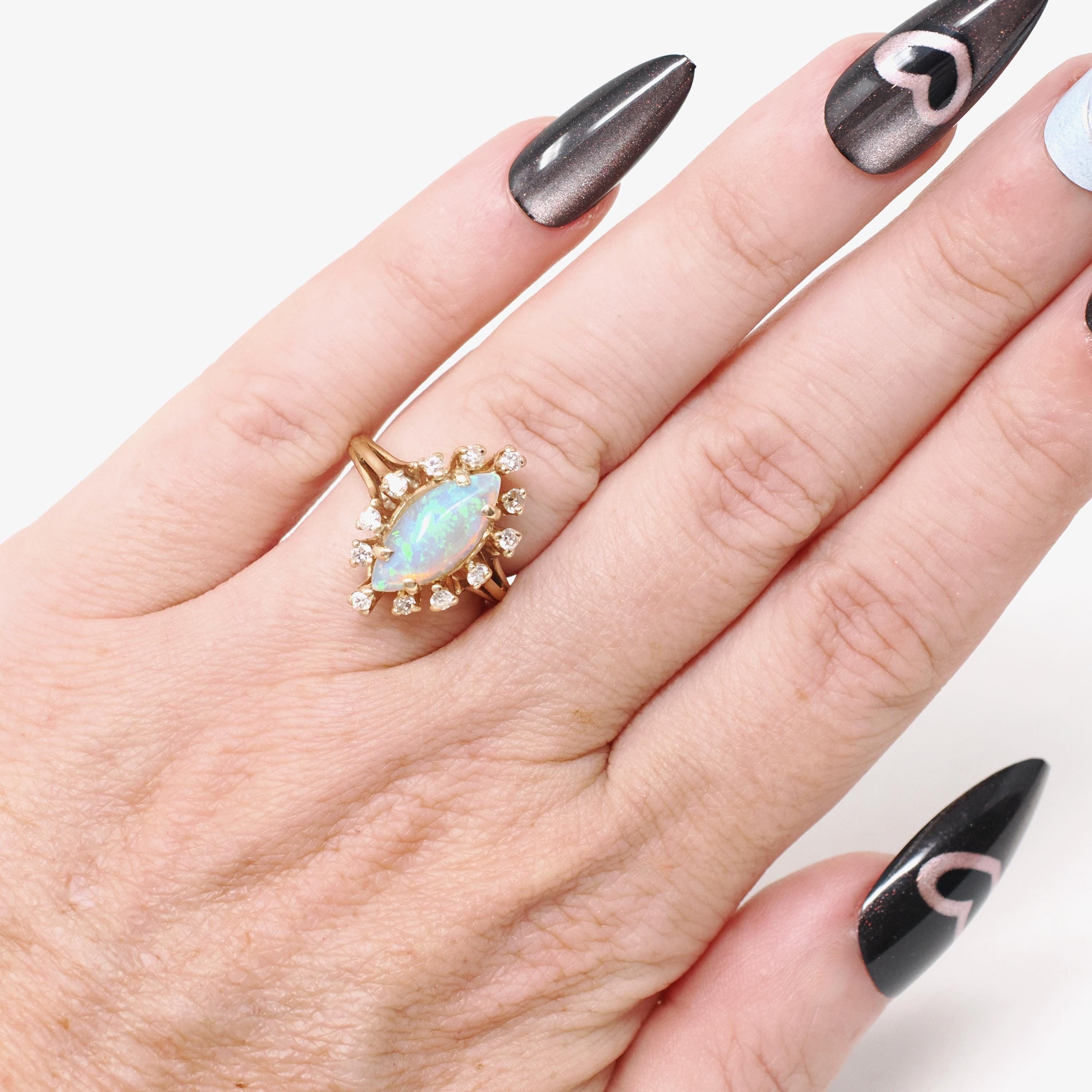 Opal Cocktail Ring - Vintage 14k Yellow Gold Marquise Cabochon Gem .24 CTW Diamond Accent Navette Halo - Circa 1980s Size 4 3/4 Fine Jewelry
