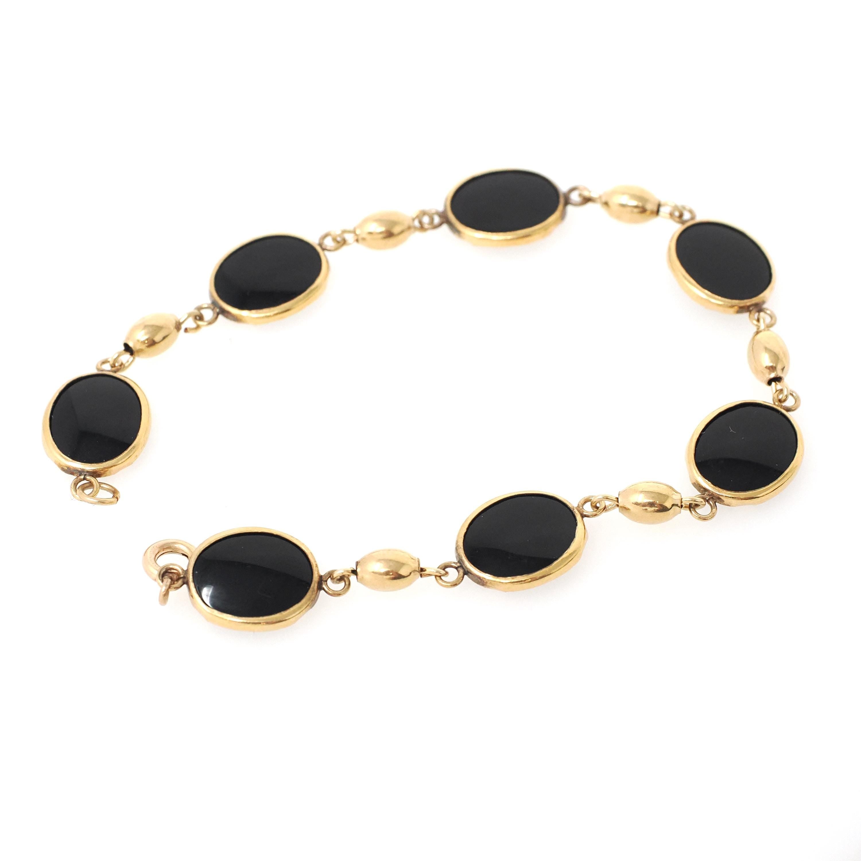 Vintage Onyx Bracelet - Mid Century 12k Gold Filled Natural Oval Black Chalcedony Gemstones - Circa 1960s Era 7 1/2 Inches Statement Jewelry