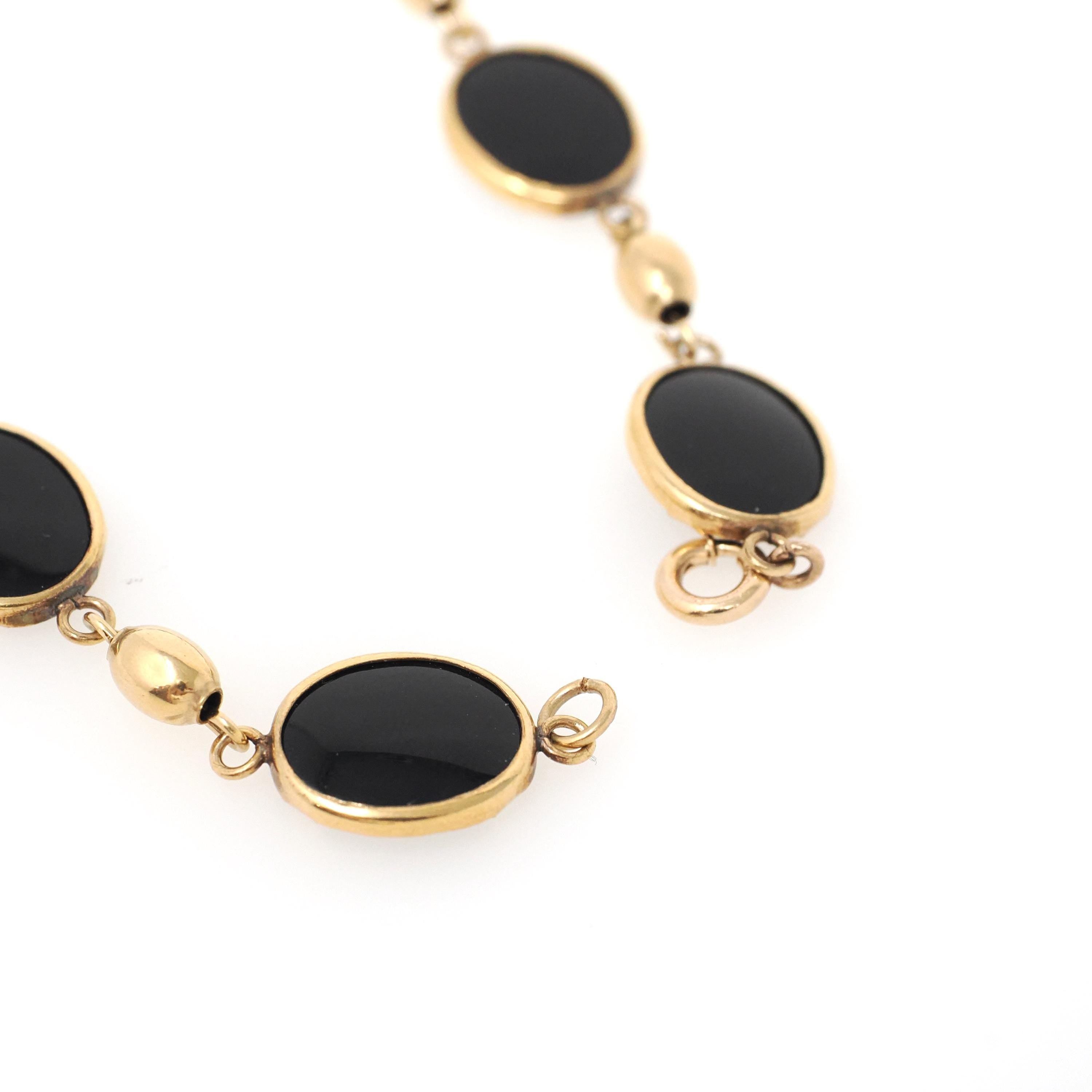 Vintage Onyx Bracelet - Mid Century 12k Gold Filled Natural Oval Black Chalcedony Gemstones - Circa 1960s Era 7 1/2 Inches Statement Jewelry