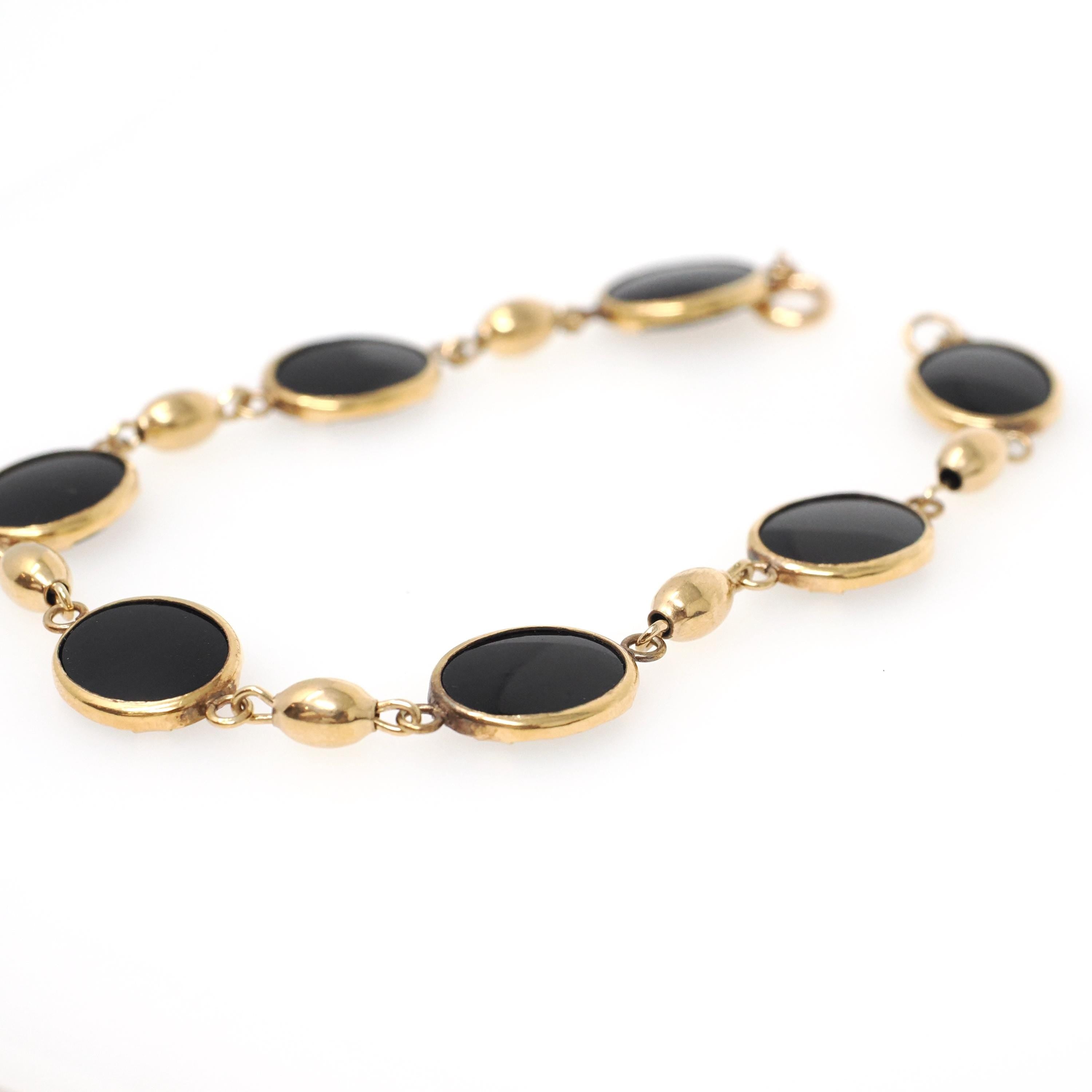Vintage Onyx Bracelet - Mid Century 12k Gold Filled Natural Oval Black Chalcedony Gemstones - Circa 1960s Era 7 1/2 Inches Statement Jewelry