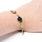 Vintage Onyx Bracelet - Mid Century 12k Gold Filled Natural Oval Black Chalcedony Gemstones - Circa 1960s Era 7 1/2 Inches Statement Jewelry