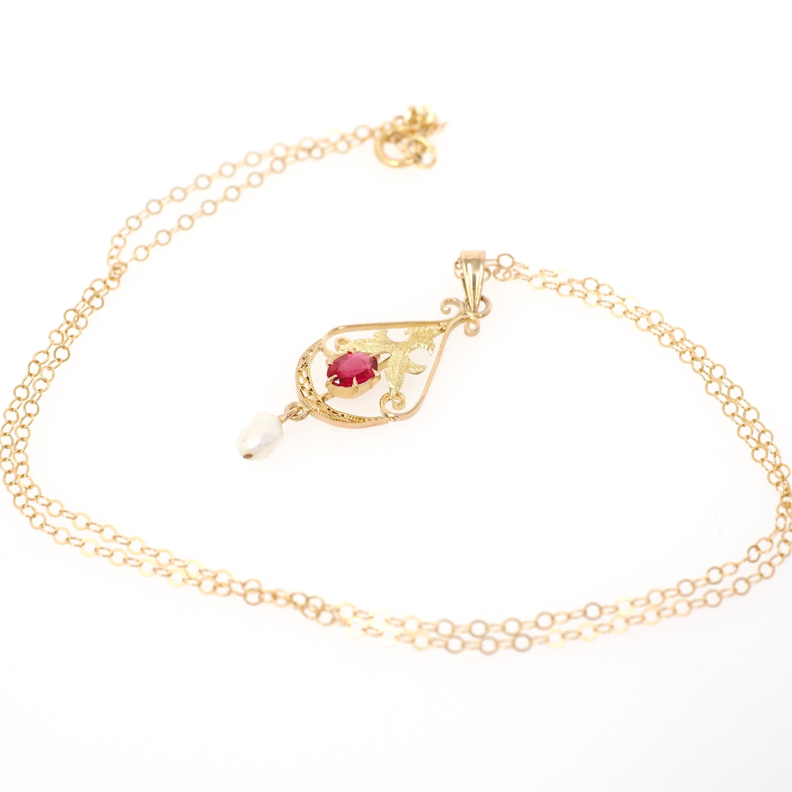 Antique Lavalier Necklace - Edwardian 10k Yellow Gold Red Glass Baroque Pearl Pendant - Vintage Circa 1910s Era Dainty Fine A&Z Jewelry