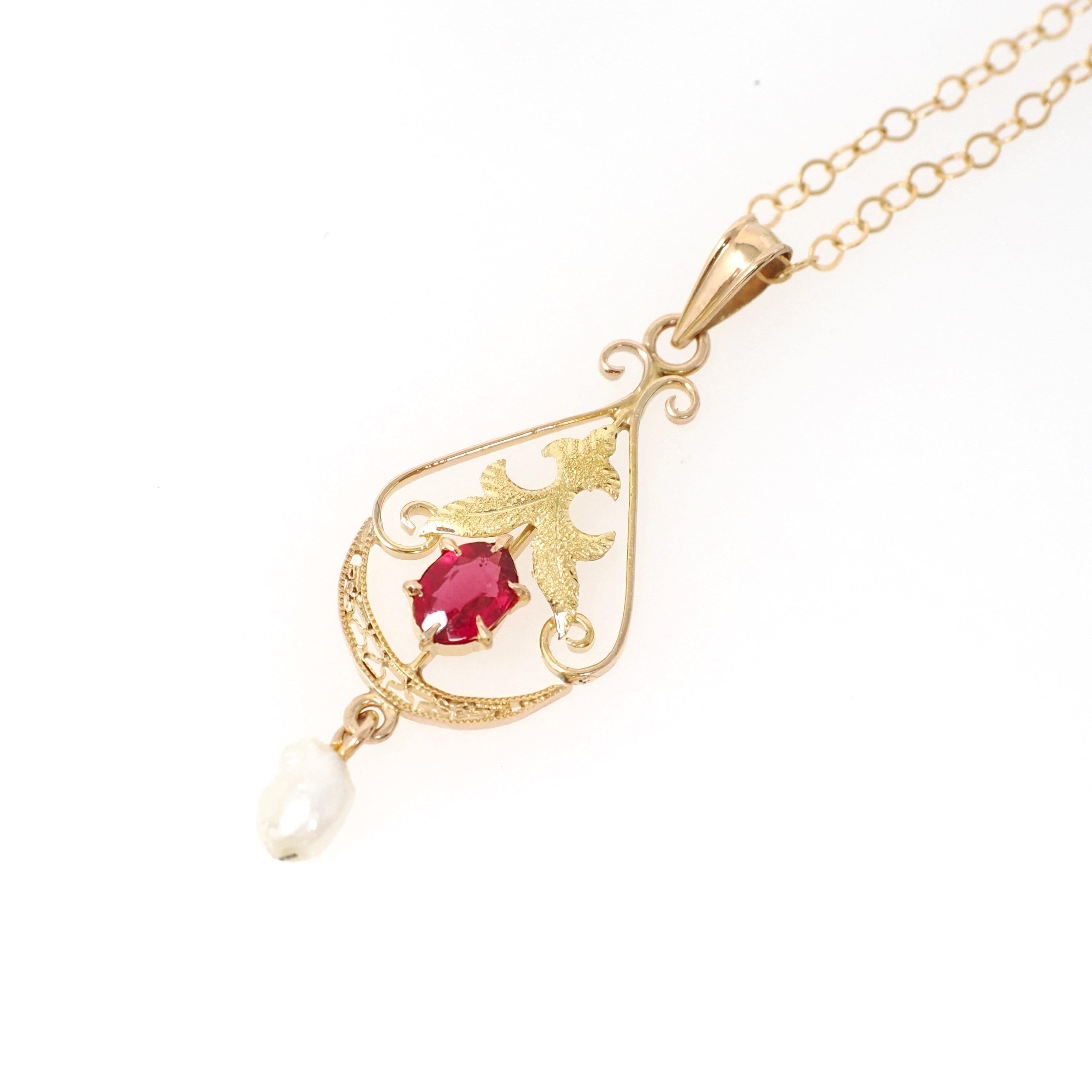 Antique Lavalier Necklace - Edwardian 10k Yellow Gold Red Glass Baroque Pearl Pendant - Vintage Circa 1910s Era Dainty Fine A&Z Jewelry