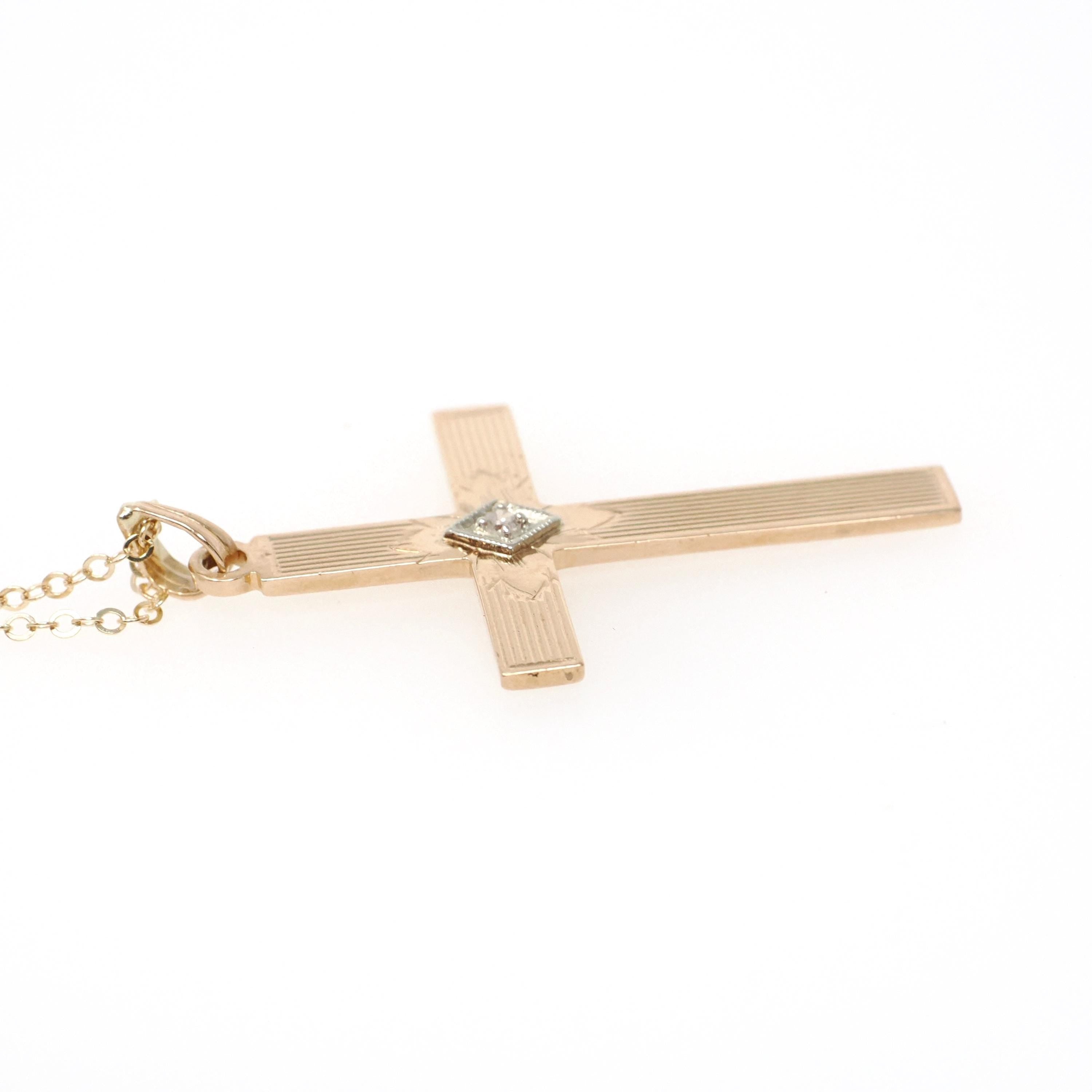 Vintage Cross Necklace - Retro 14k Yellow & White Gold Natural .02 CT Diamond Pendant - Circa 1940s Era Religious Faith Fine 40s Jewelry