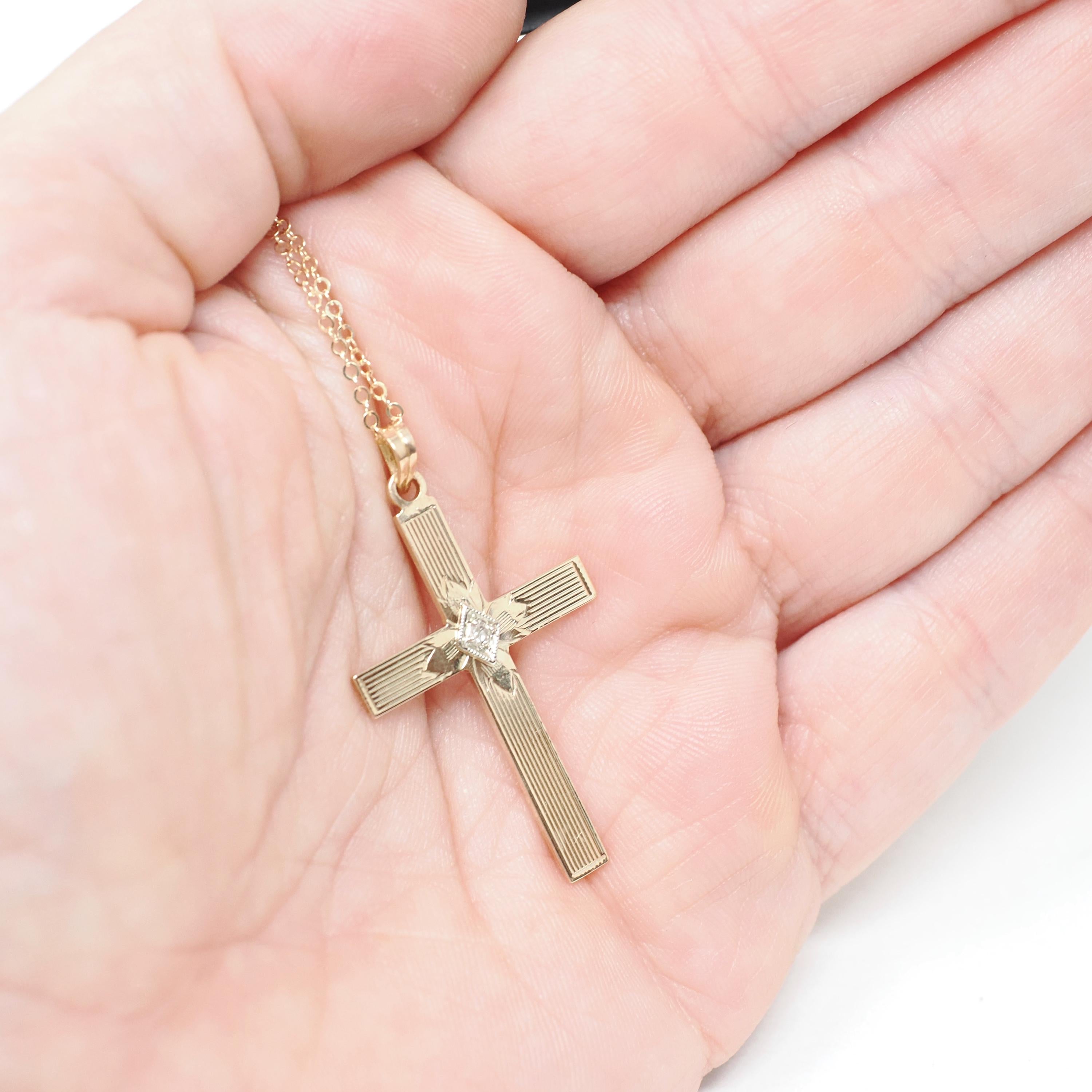 Vintage Cross Necklace - Retro 14k Yellow & White Gold Natural .02 CT Diamond Pendant - Circa 1940s Era Religious Faith Fine 40s Jewelry