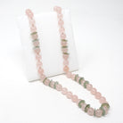 Rose Quartz & Jade Necklace - Mid Century Era Sterling Silver Tumbled Pink Bead And Green Disc Knotted Strand - Circa 1950s Fashion Jewelry