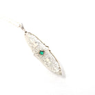 Art Deco Necklace - Vintage 10k White Gold Green Glass Simulated Emerald Conversion Pendant - Circa 1930s Statement Filigree Fine Jewelry