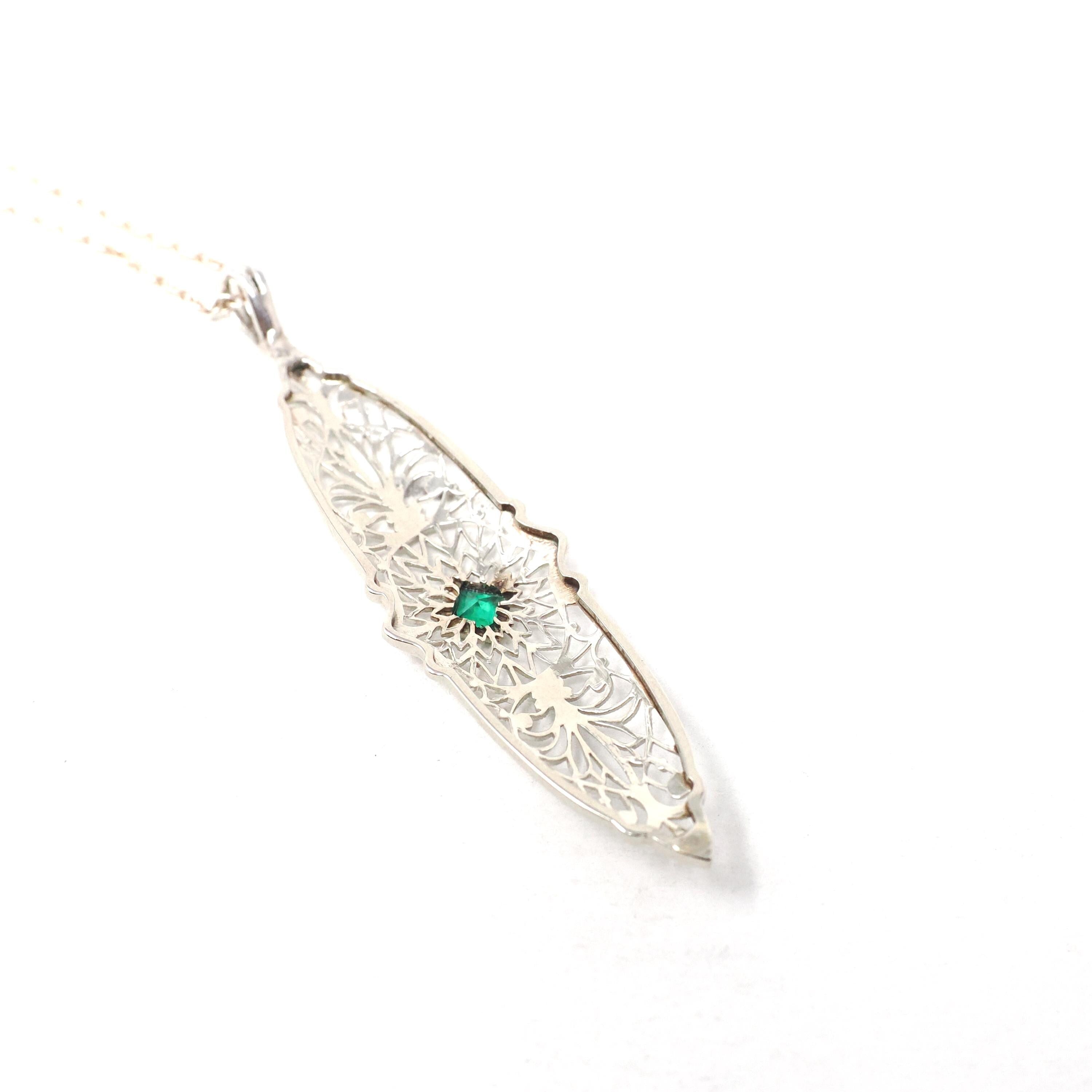 Art Deco Necklace - Vintage 10k White Gold Green Glass Simulated Emerald Conversion Pendant - Circa 1930s Statement Filigree Fine Jewelry