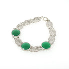Green Chalcedony Filigree Bracelet - Art Deco 14k White Gold Round Cab Gemstone Panel Links - Circa 1930s 7 1/2 Inch Fine Floral Jewelry