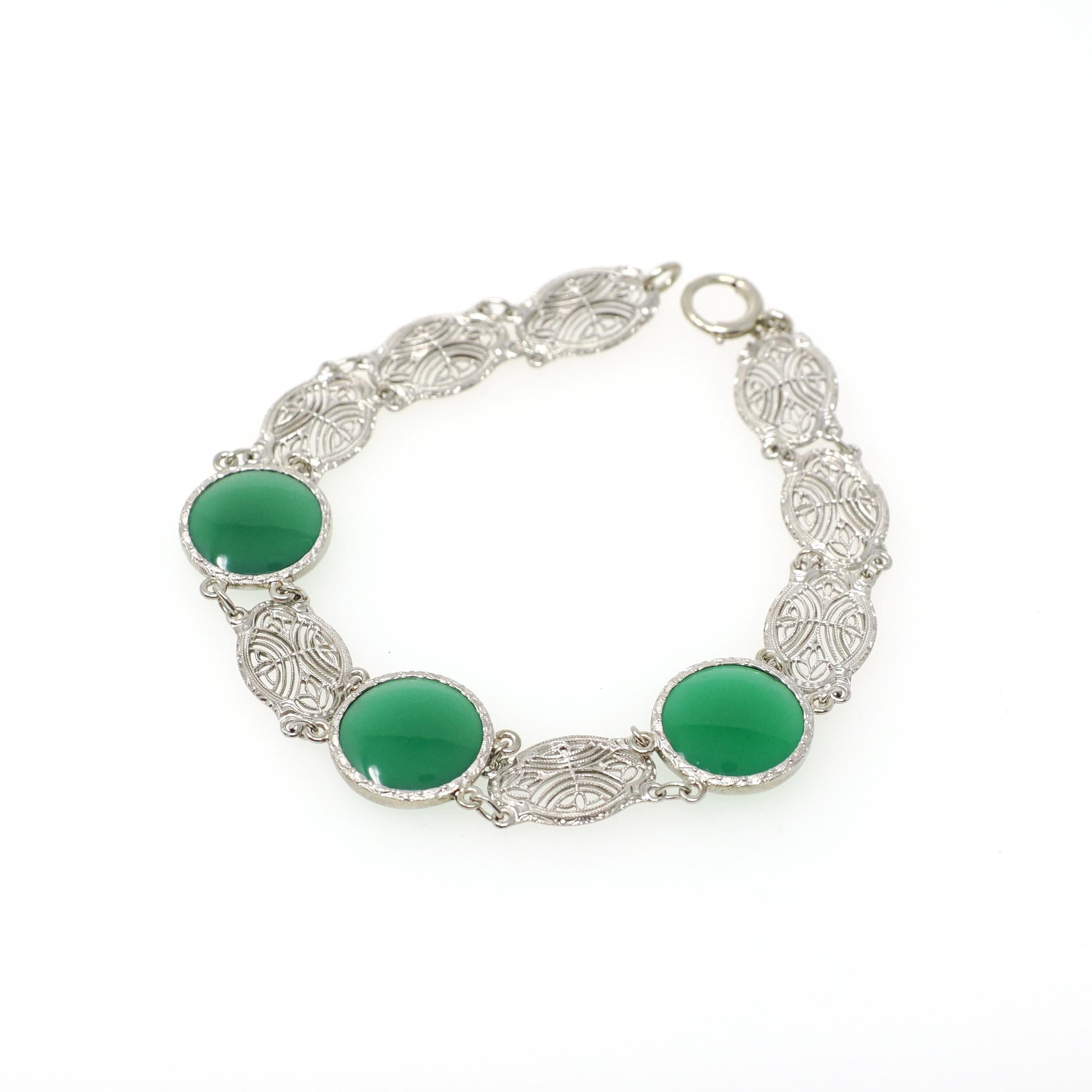 Green Chalcedony Filigree Bracelet - Art Deco 14k White Gold Round Cab Gemstone Panel Links - Circa 1930s 7 1/2 Inch Fine Floral Jewelry